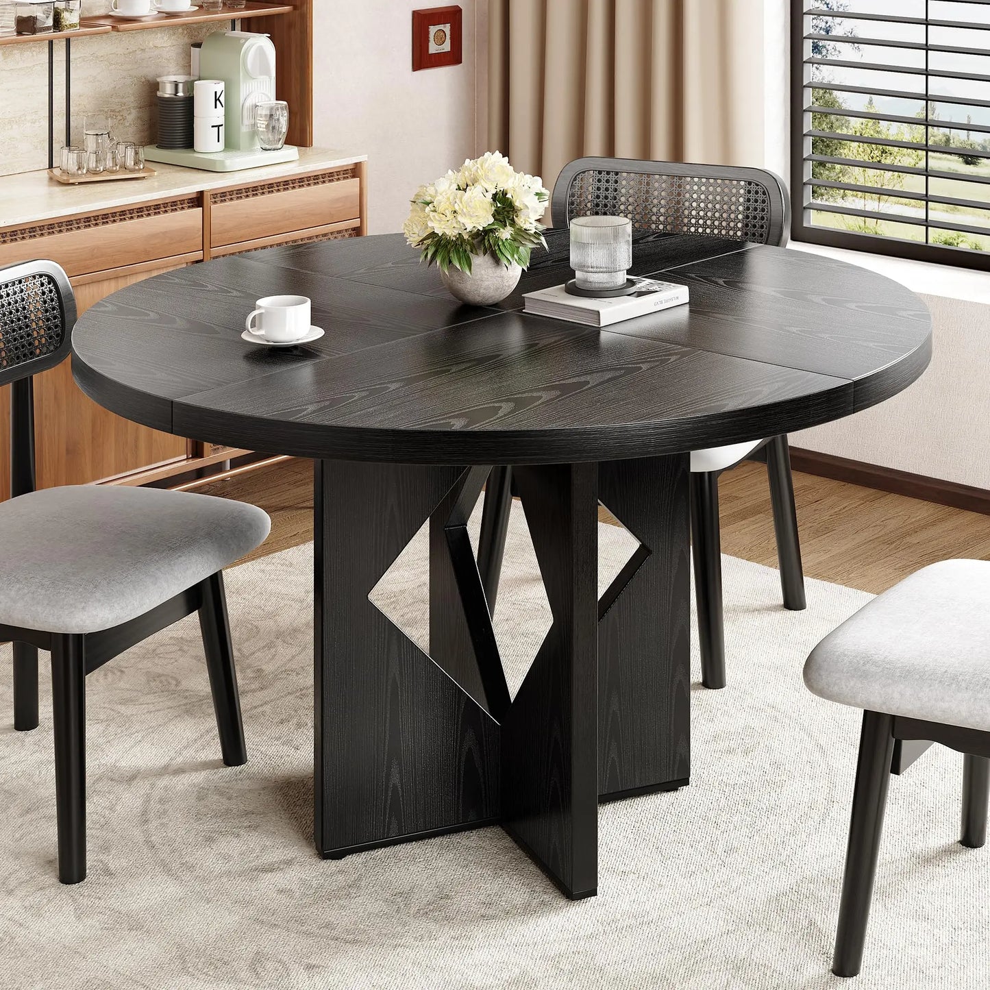 Modern Round Dining Table with Wooden Pedestal Base