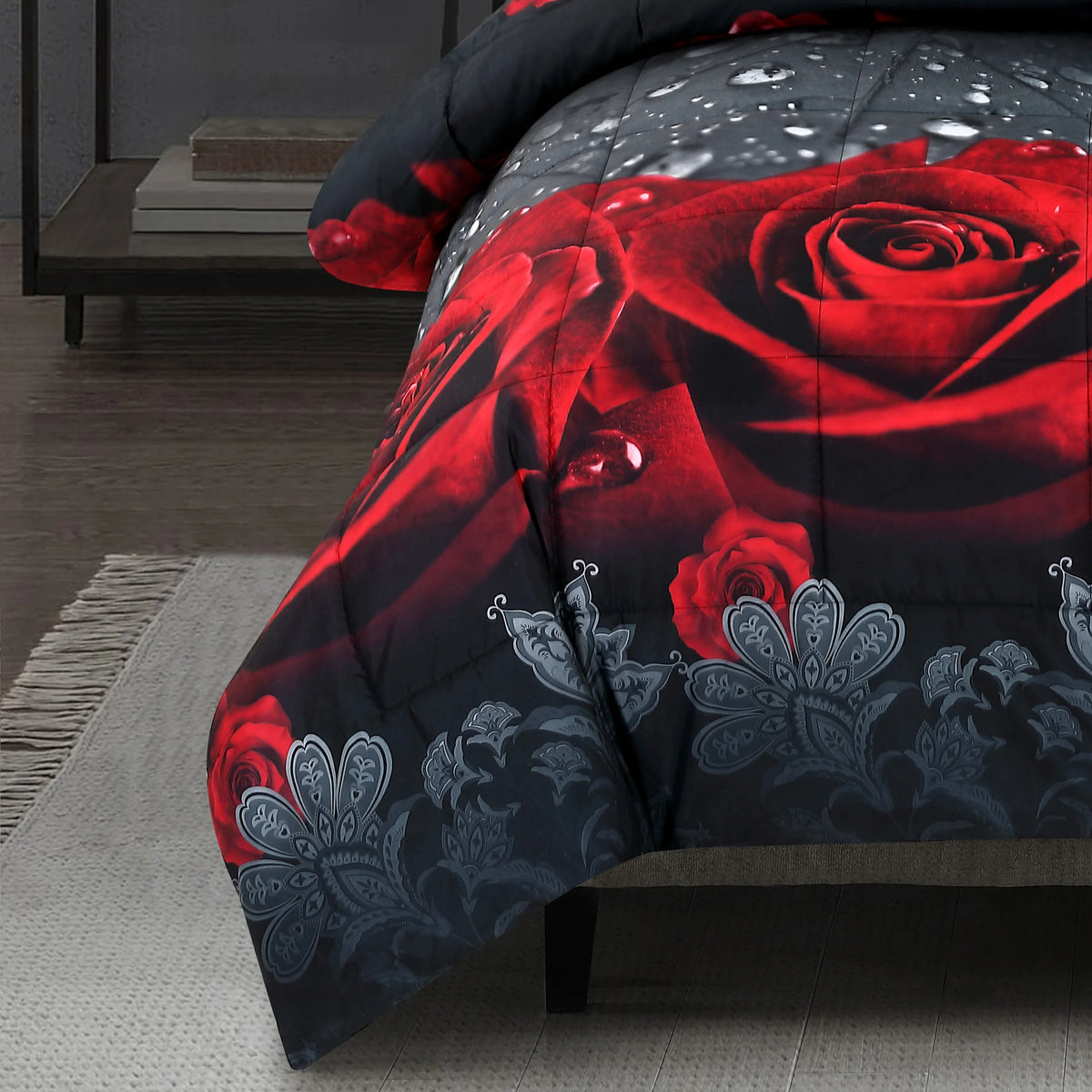 3D Red Rose Printed Comforter Set