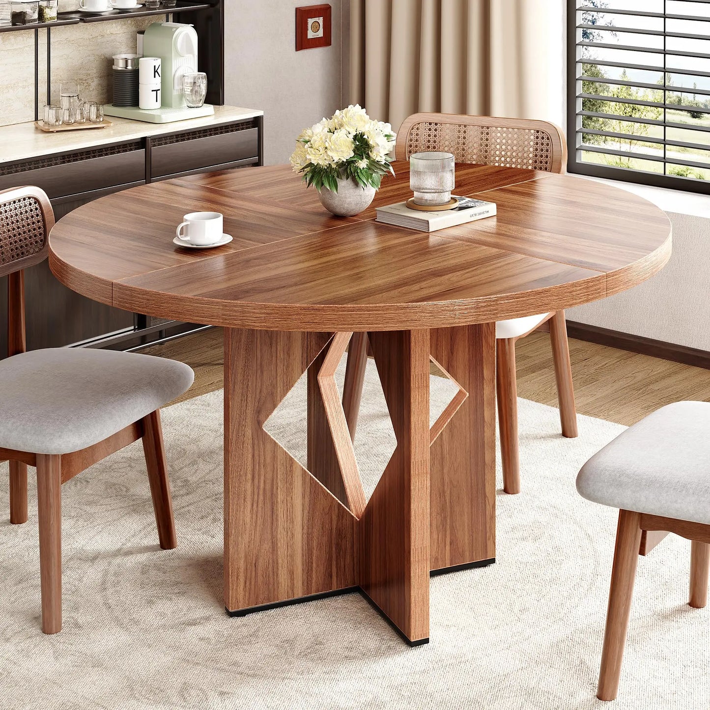 Modern Round Dining Table with Wooden Pedestal Base