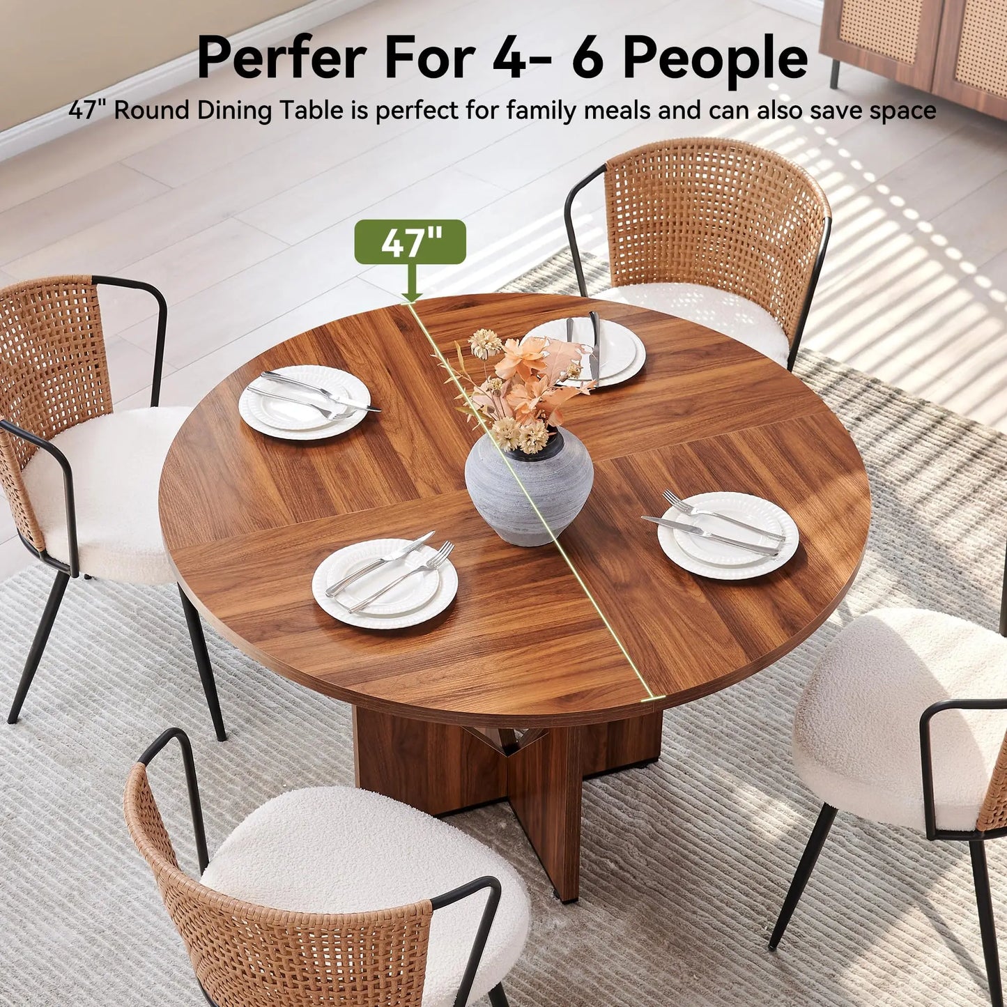 Modern Round Dining Table with Wooden Pedestal Base