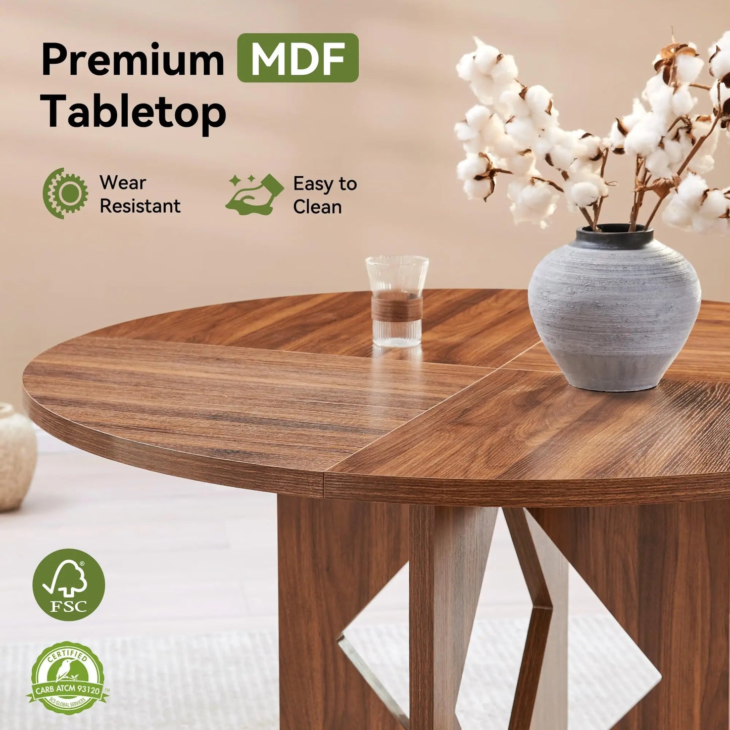Modern Round Dining Table with Wooden Pedestal Base