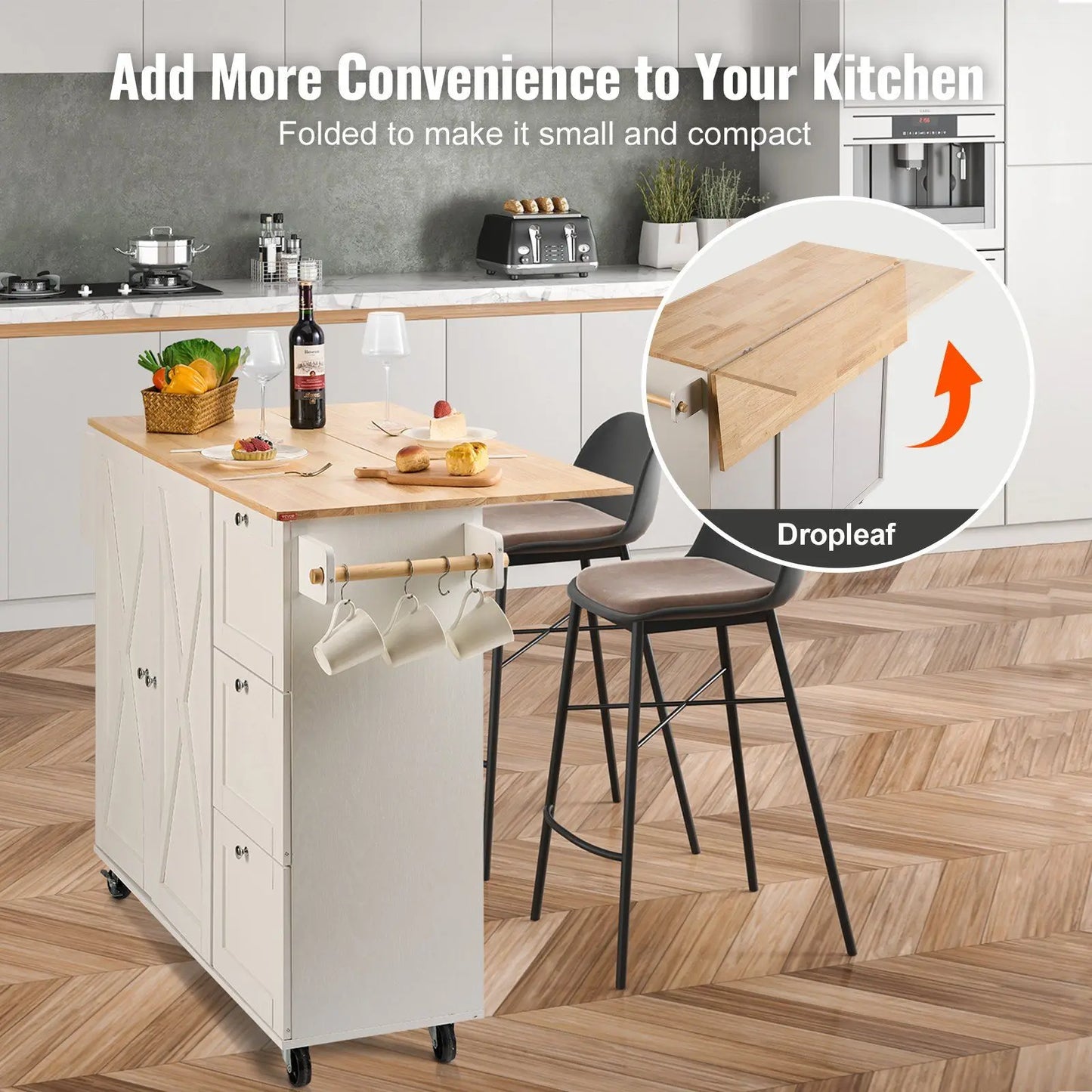 Modern Design Kitchen Island - Solid Wood Top - Cart with Storage Cabinet & Rolling Wheels