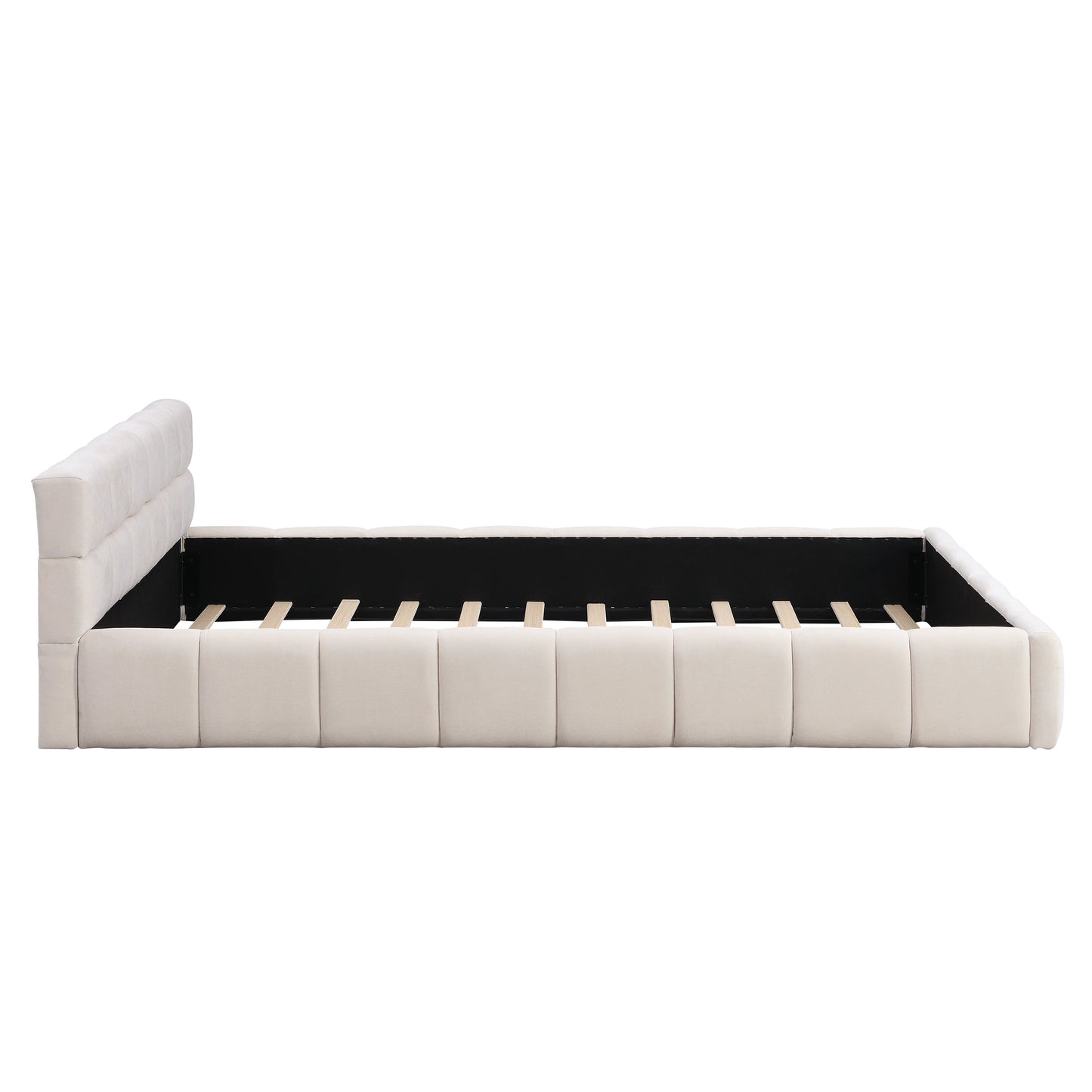 Modern Queen Size Beige Upholstered Bedroom Bed Frame with Checkerboard Design