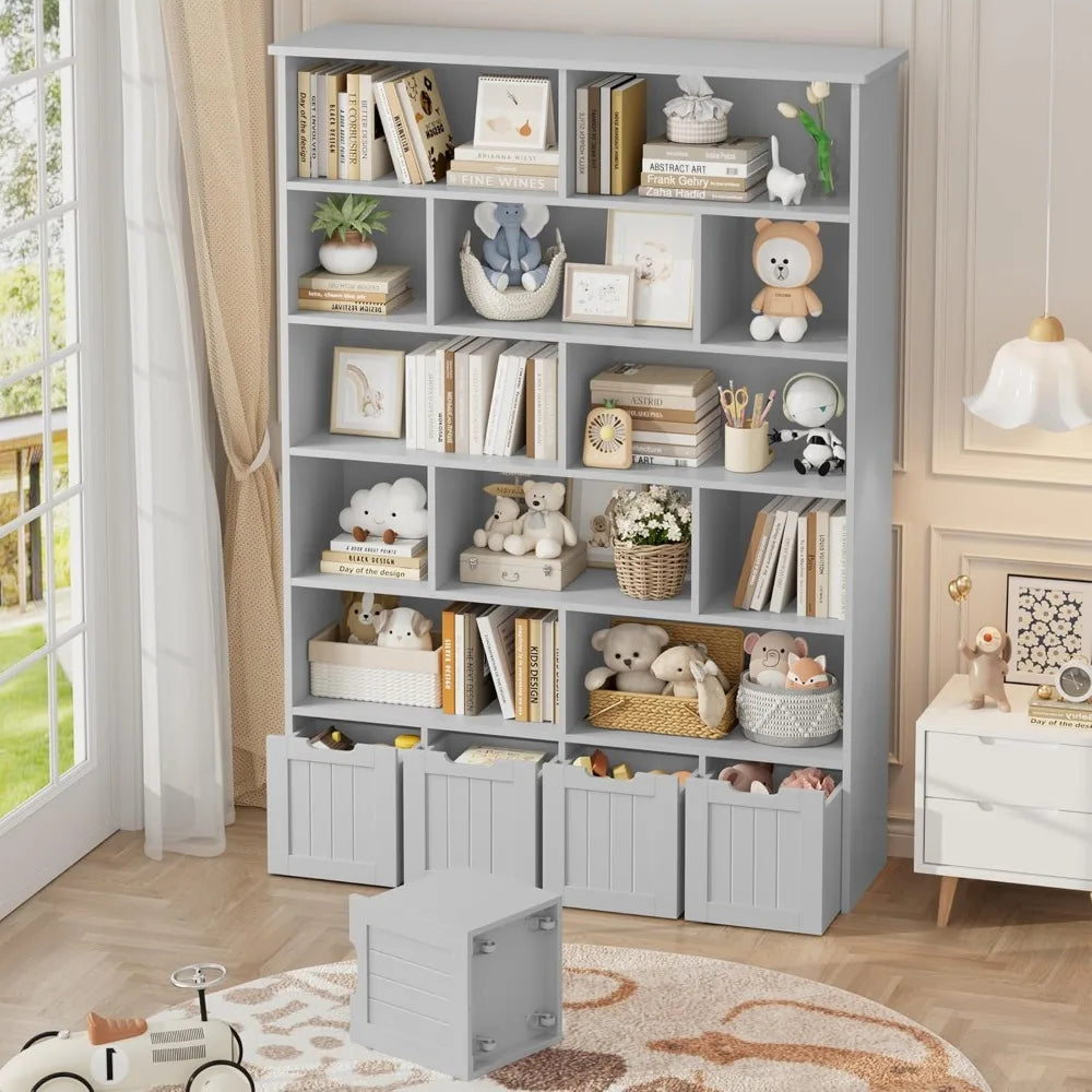 Tall Kids Bookshelf with 4 Movable Drawers and 12 Storage Cubbies