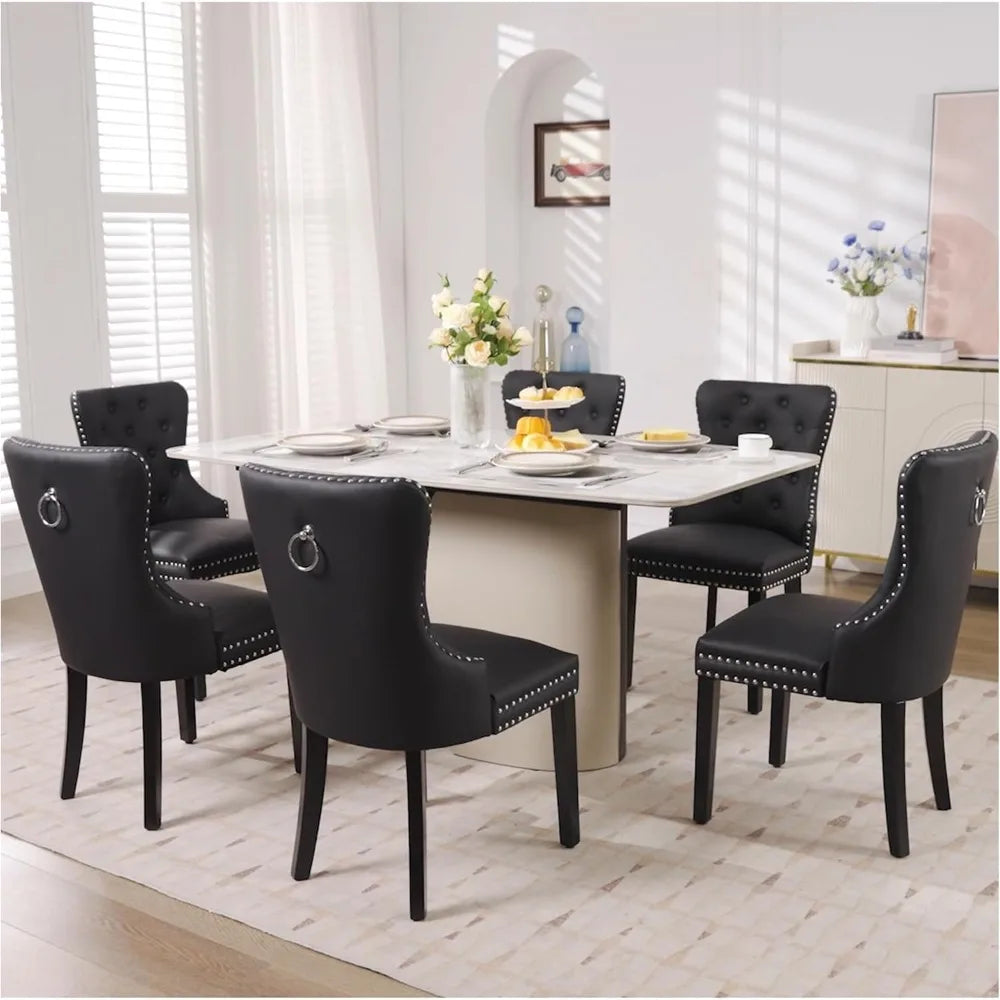 Tufted Upholstered Leather Dining Chairs with Solid Wood Legs and a Pull Ring