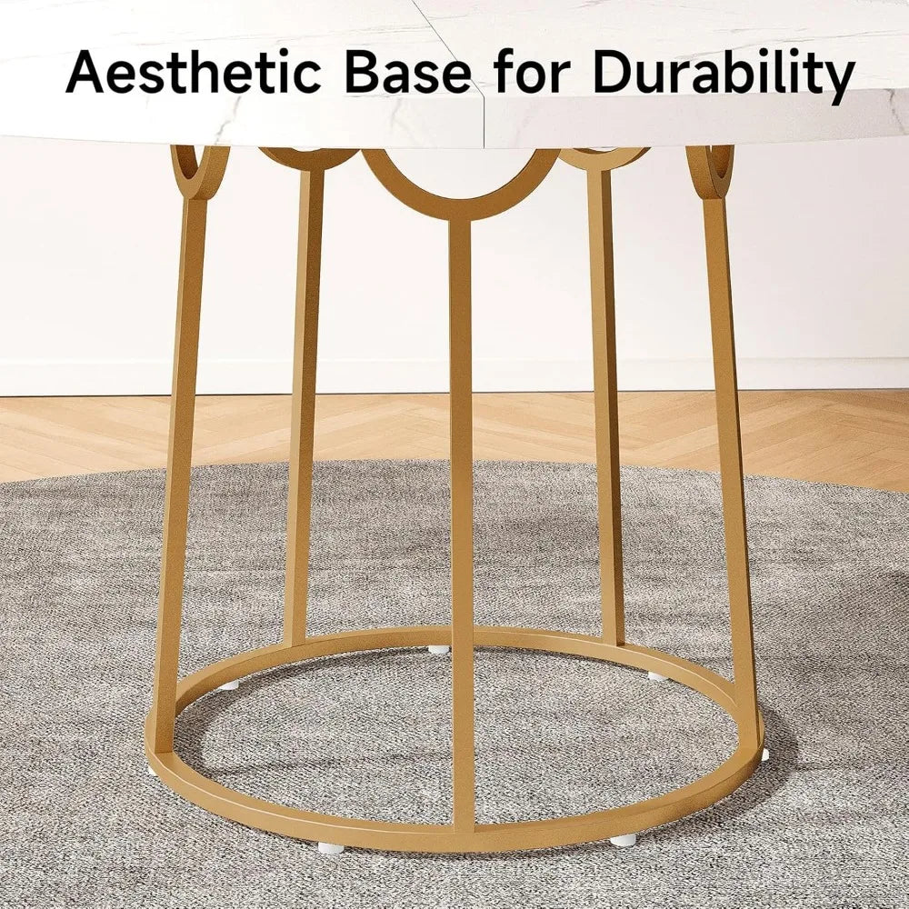 Wooden Faux Marble Round Dining Table with Gold Base