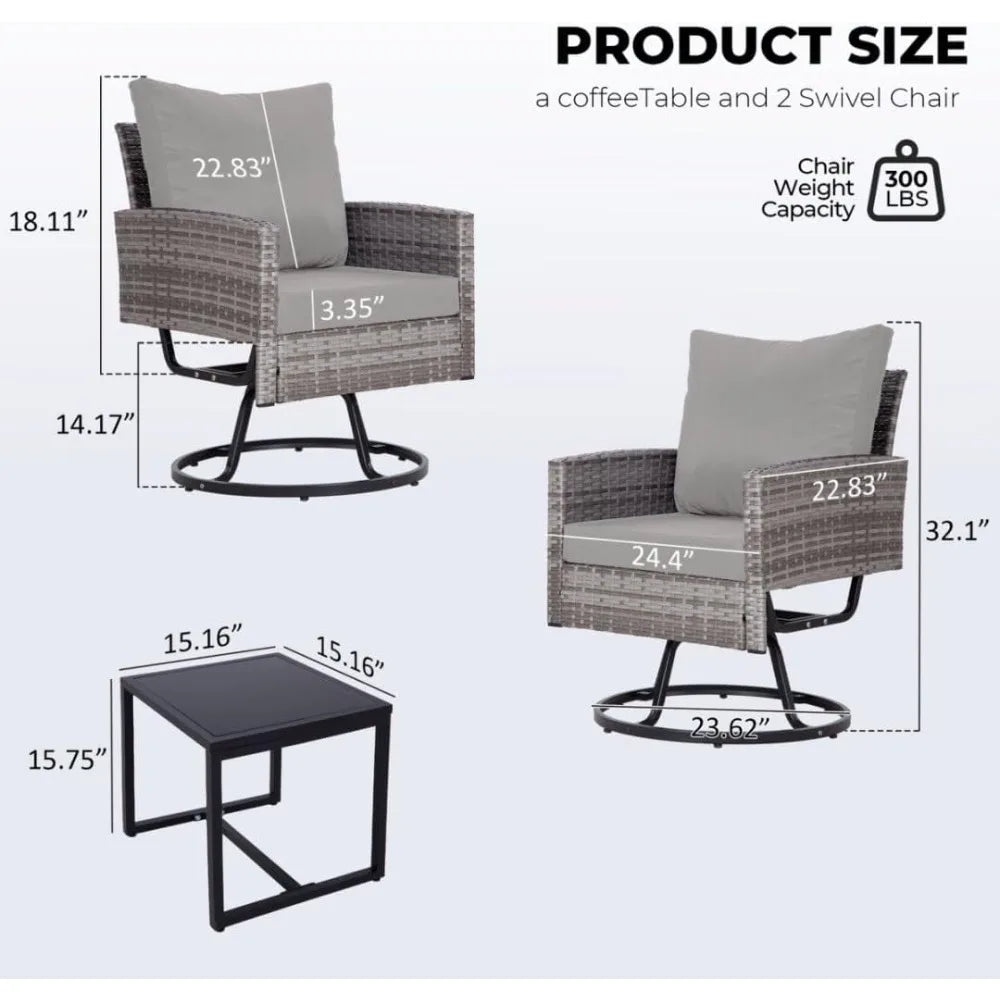 Swivel Patio Furniture Set with Glass Coffee Table and Thick Cushions