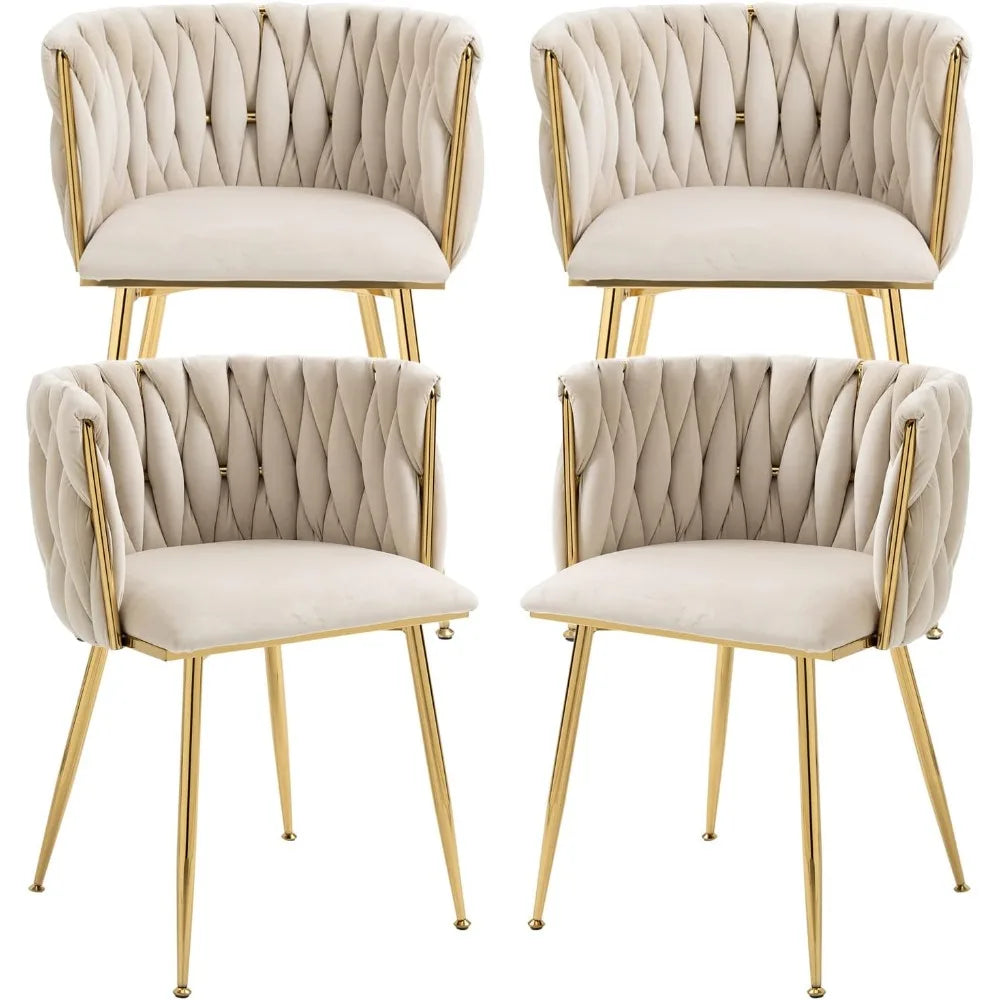 Woven Velvet Upholstered Dining Chairs Set with Gold Metal Legs