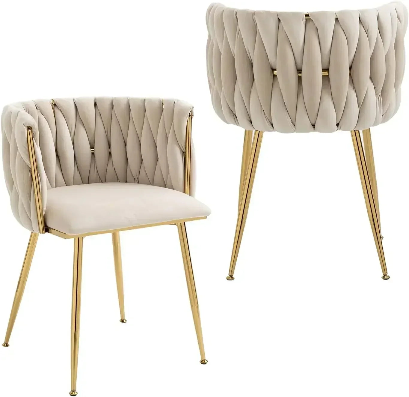 Woven Velvet Upholstered Dining Chairs Set with Gold Metal Legs