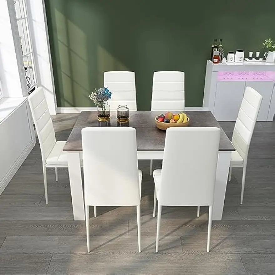 Dining Table Set with High Back Faux Leather Chairs