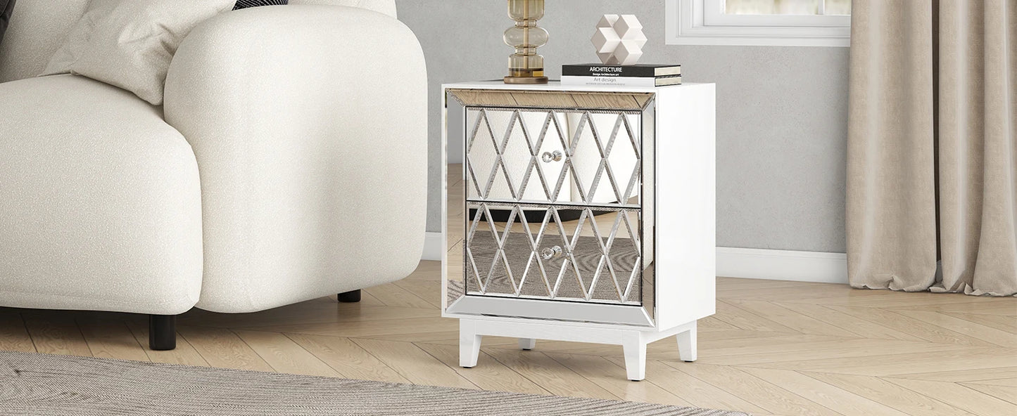 Mirrored Nightstands Set with 2 Drawer Glass Side