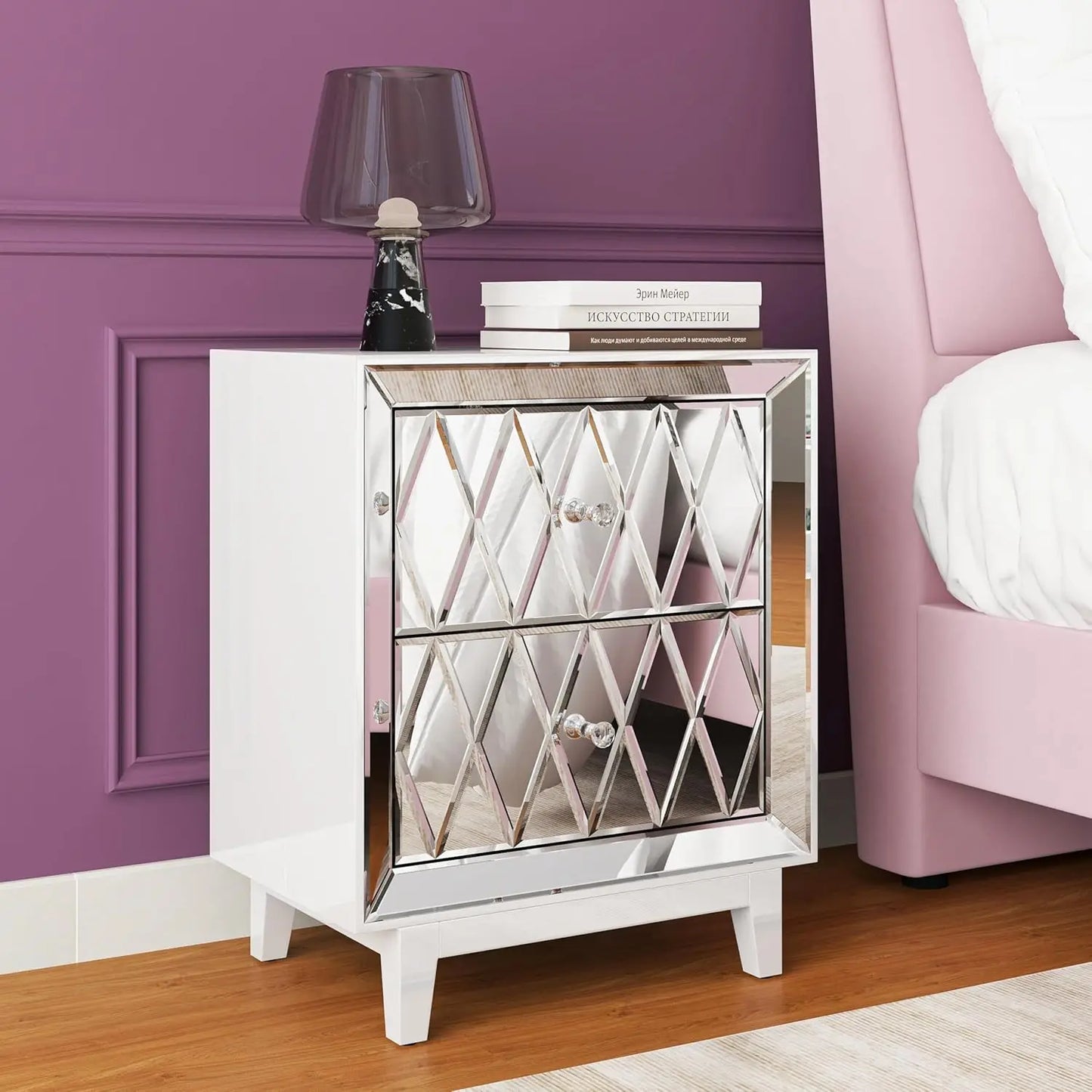 Mirrored Nightstands Set with 2 Drawer Glass Side