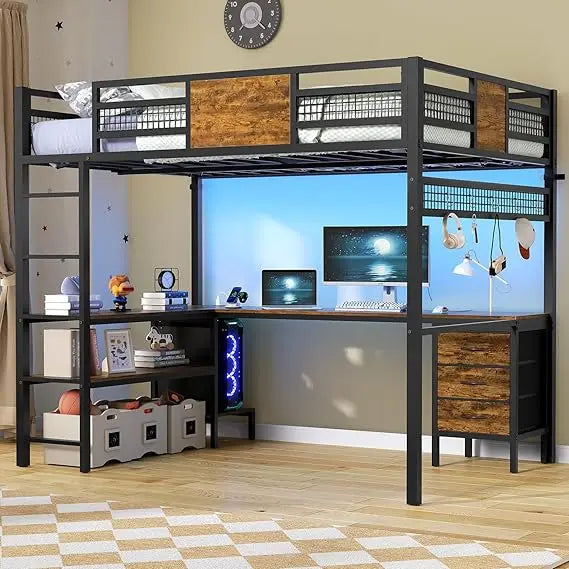 Full Size Loft Bed with L-Shaped Desk