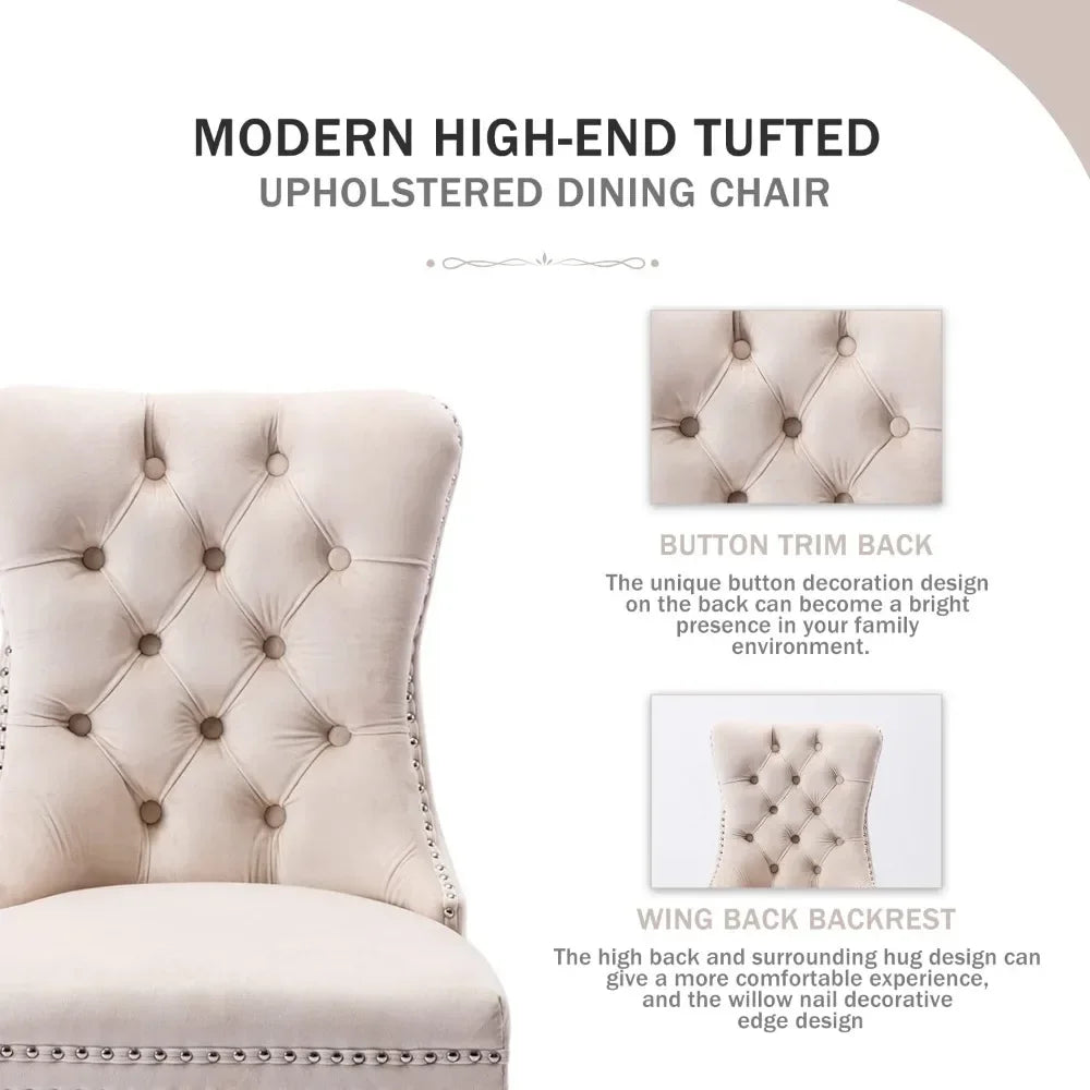 Upholstered Velvet Dining Chairs Set with Ring Pull Trim and Button Back