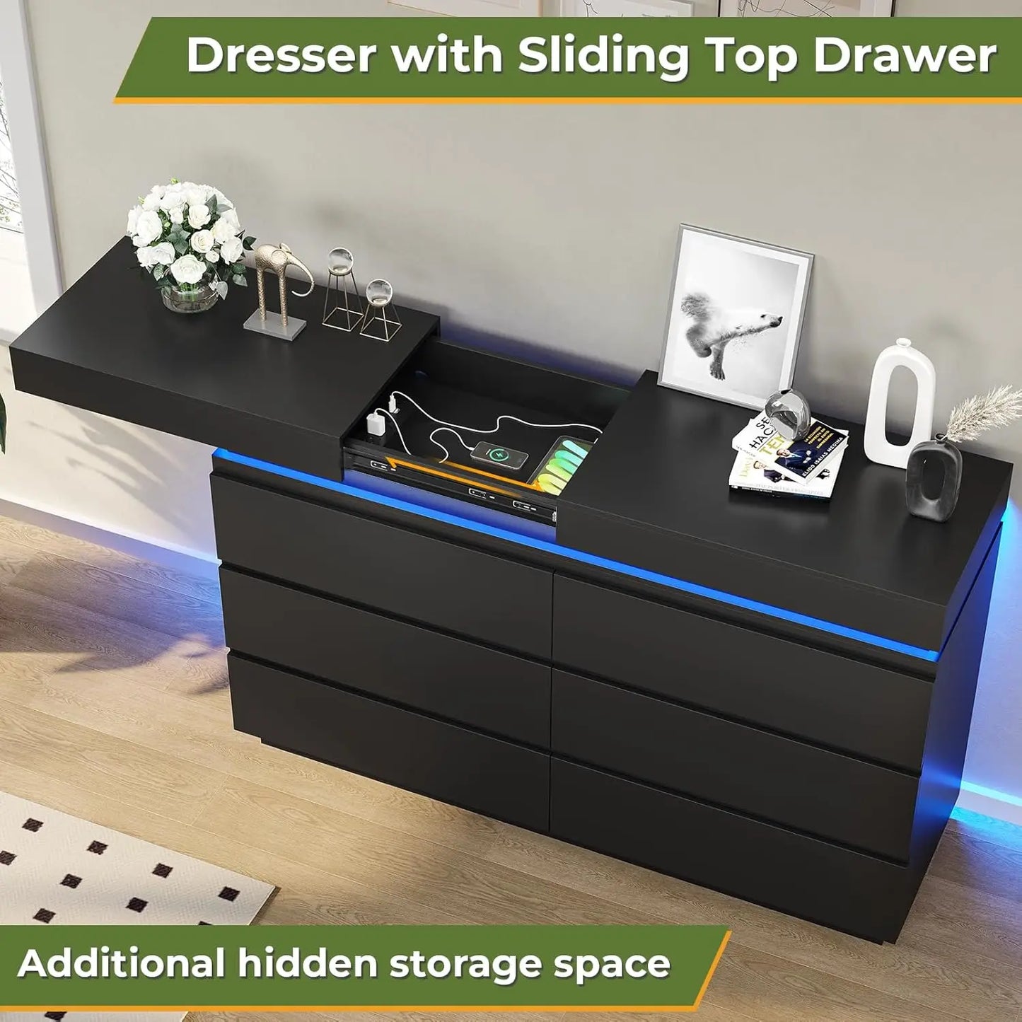 Modern Dresser with Sliding Desktop and Charging Station