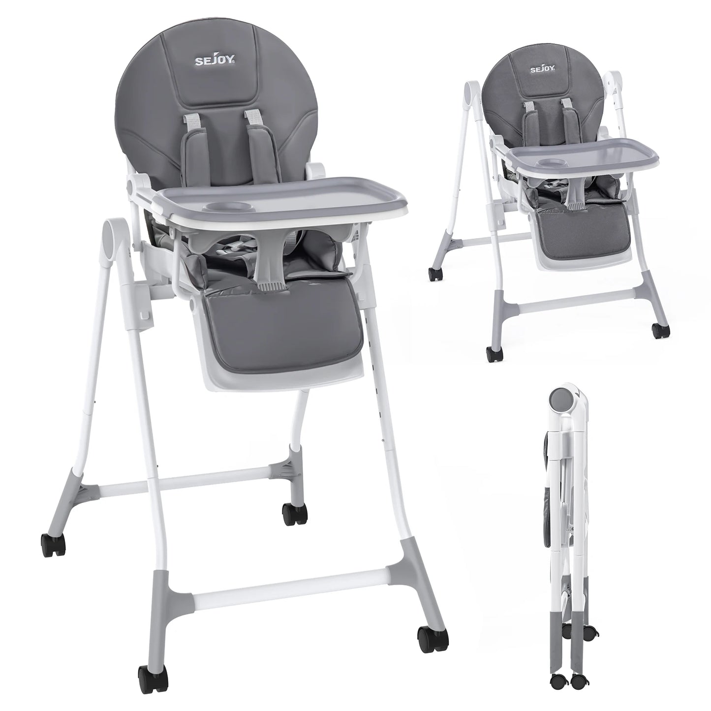 Adjustable High Chair with 5-Point Harness 3-Position Tray & Wheels