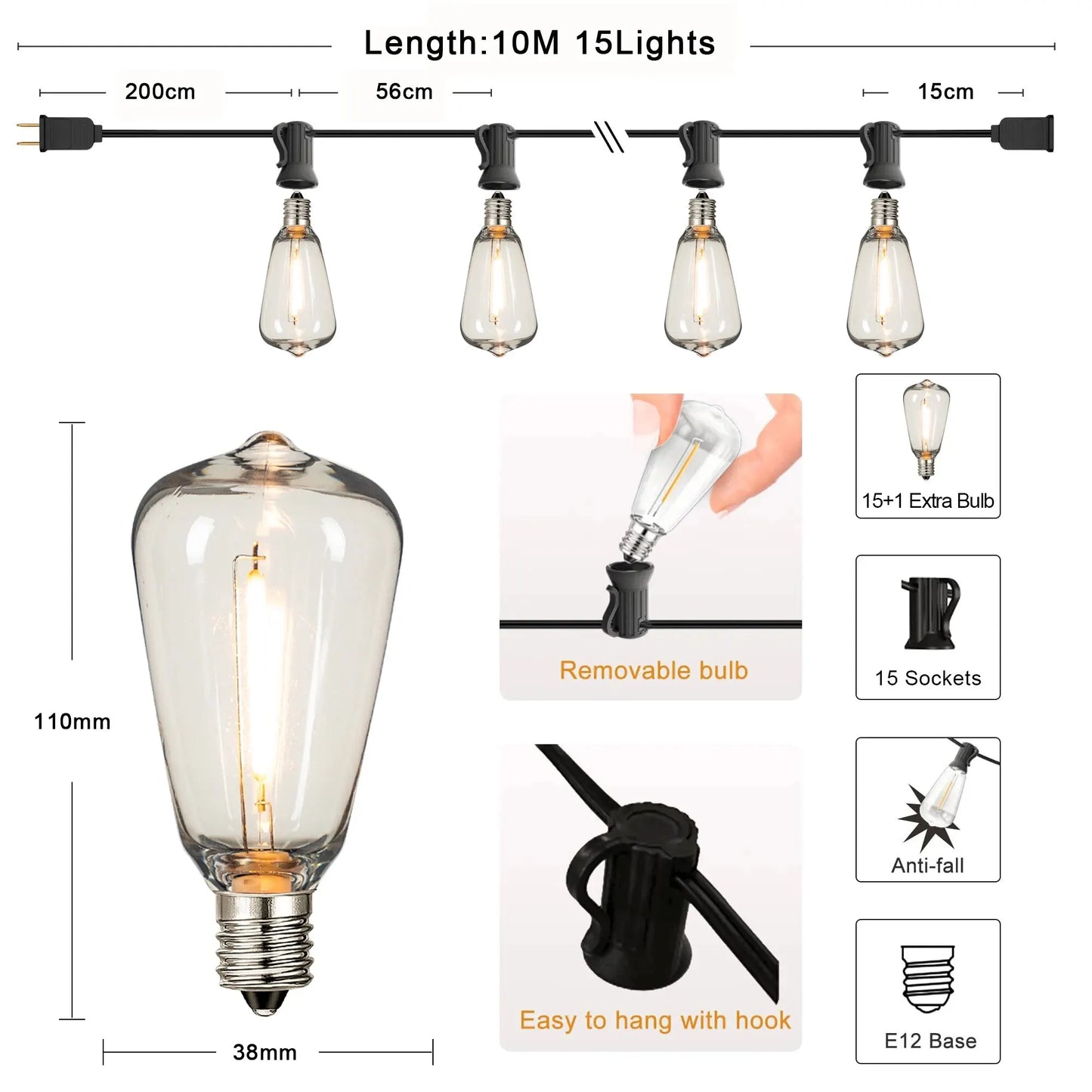 Patio String Garland LED Lights Connectable Waterproof Plastic Bulb