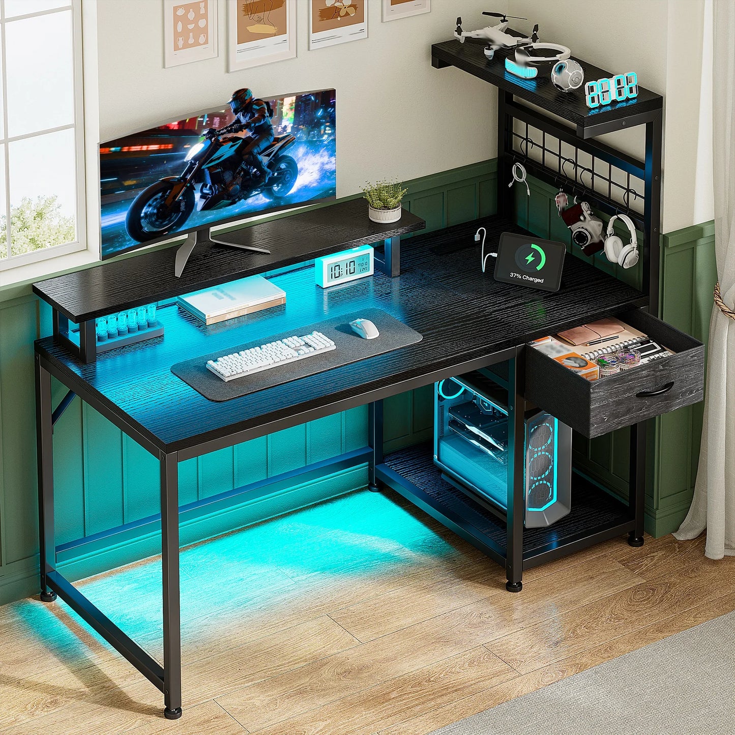 Computer Desk with Power Outlets RGB LED Lights