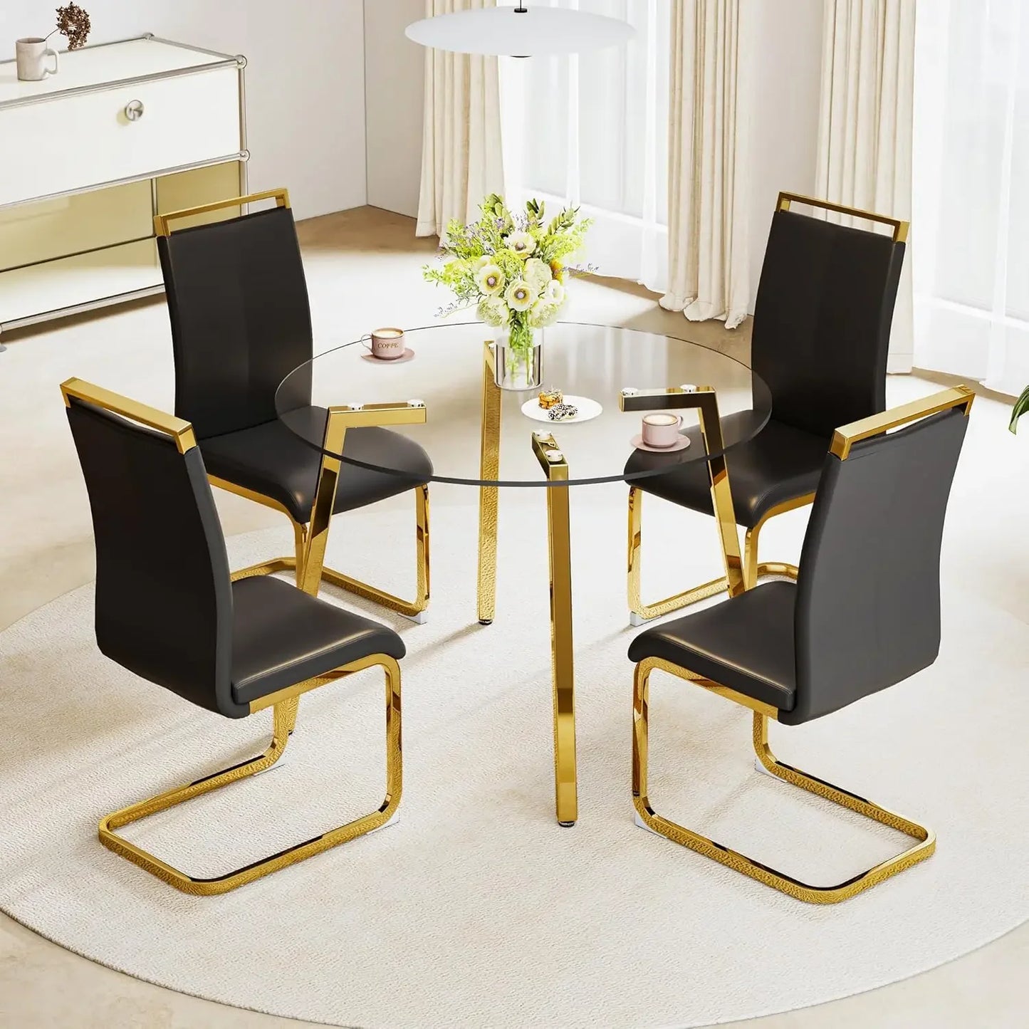 Tempered Glass Round Dining Table Set with 4 Armless Chairs
