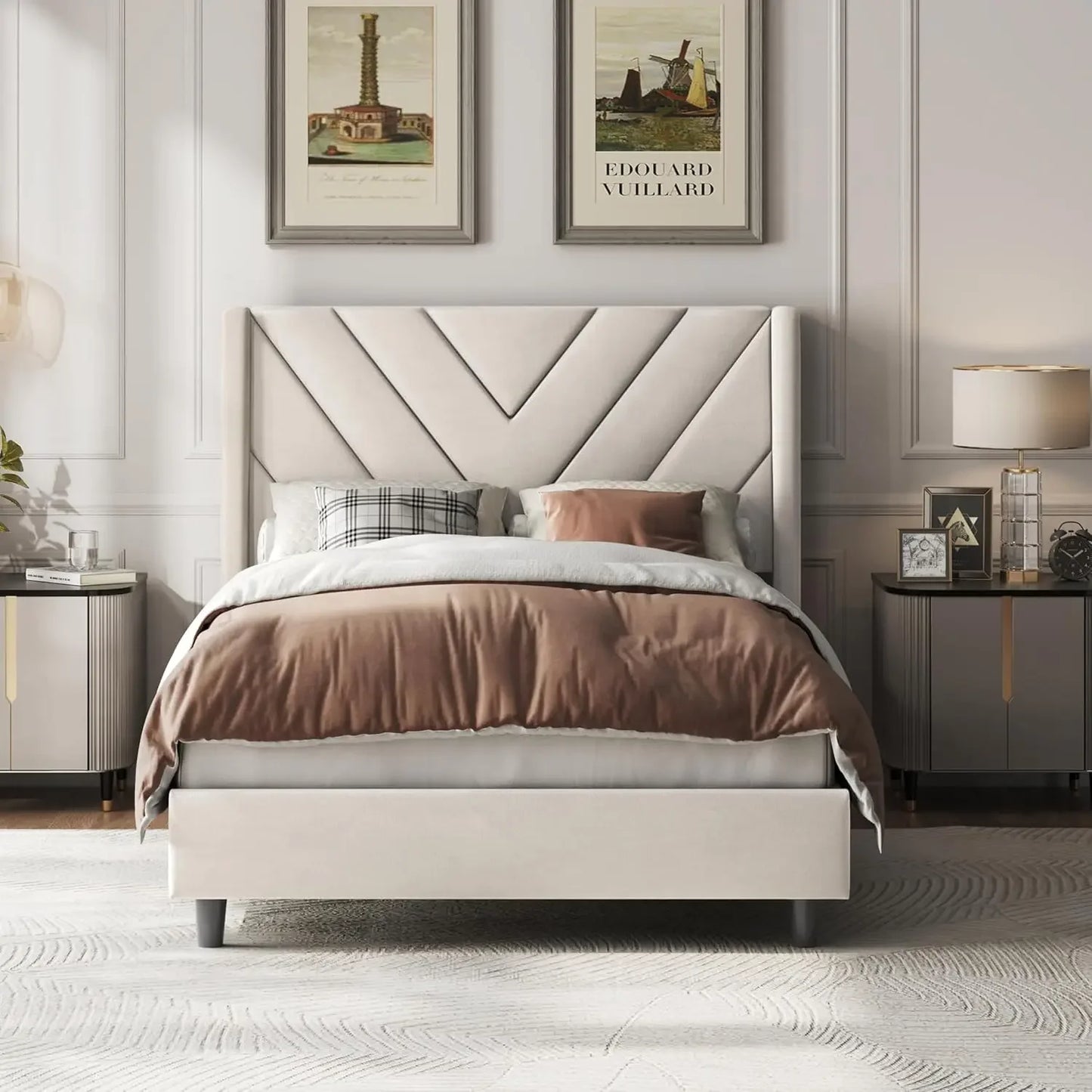 Bed Frame Upholstered Platform with Wing Side