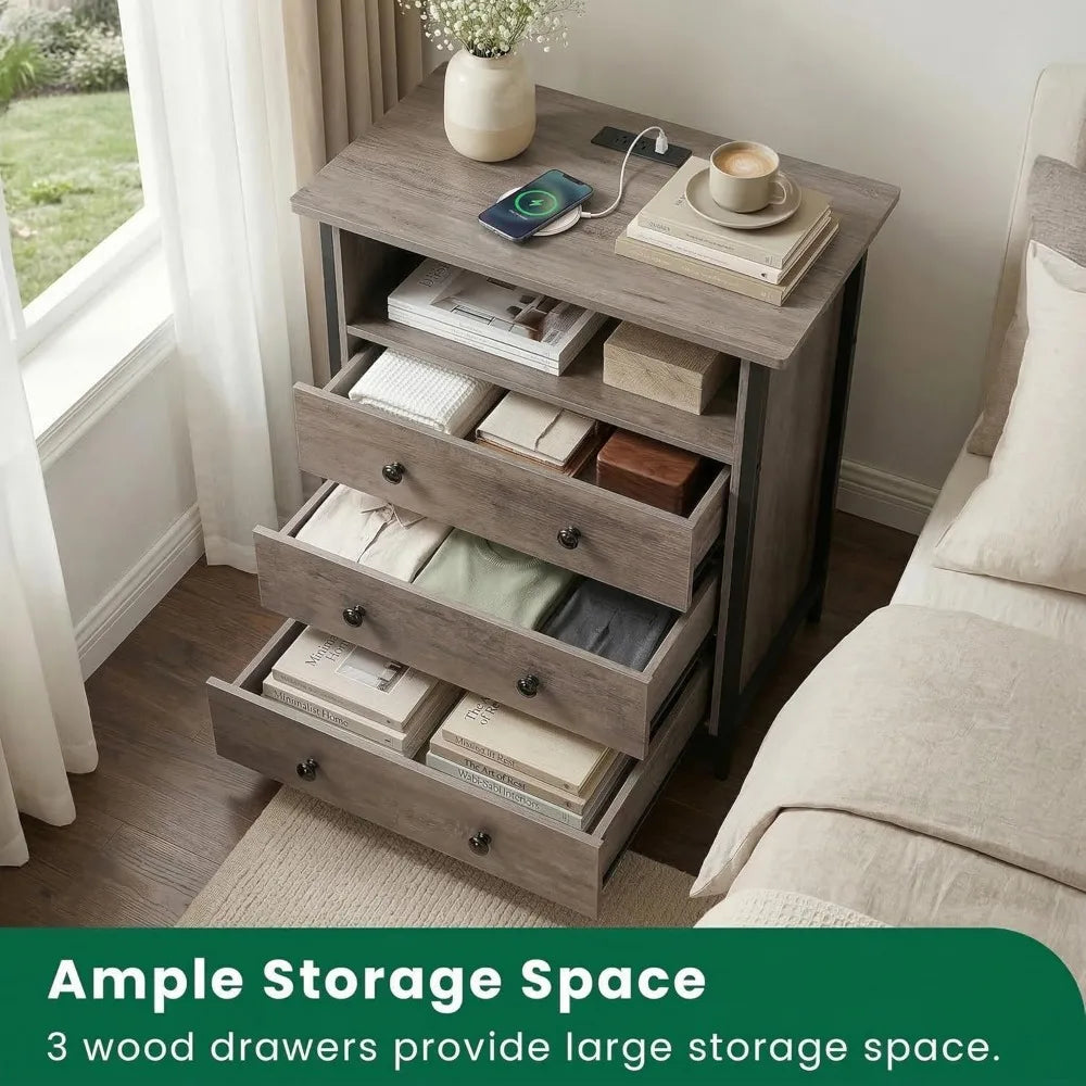 Large Nightstand with Charging Station & LED Lights