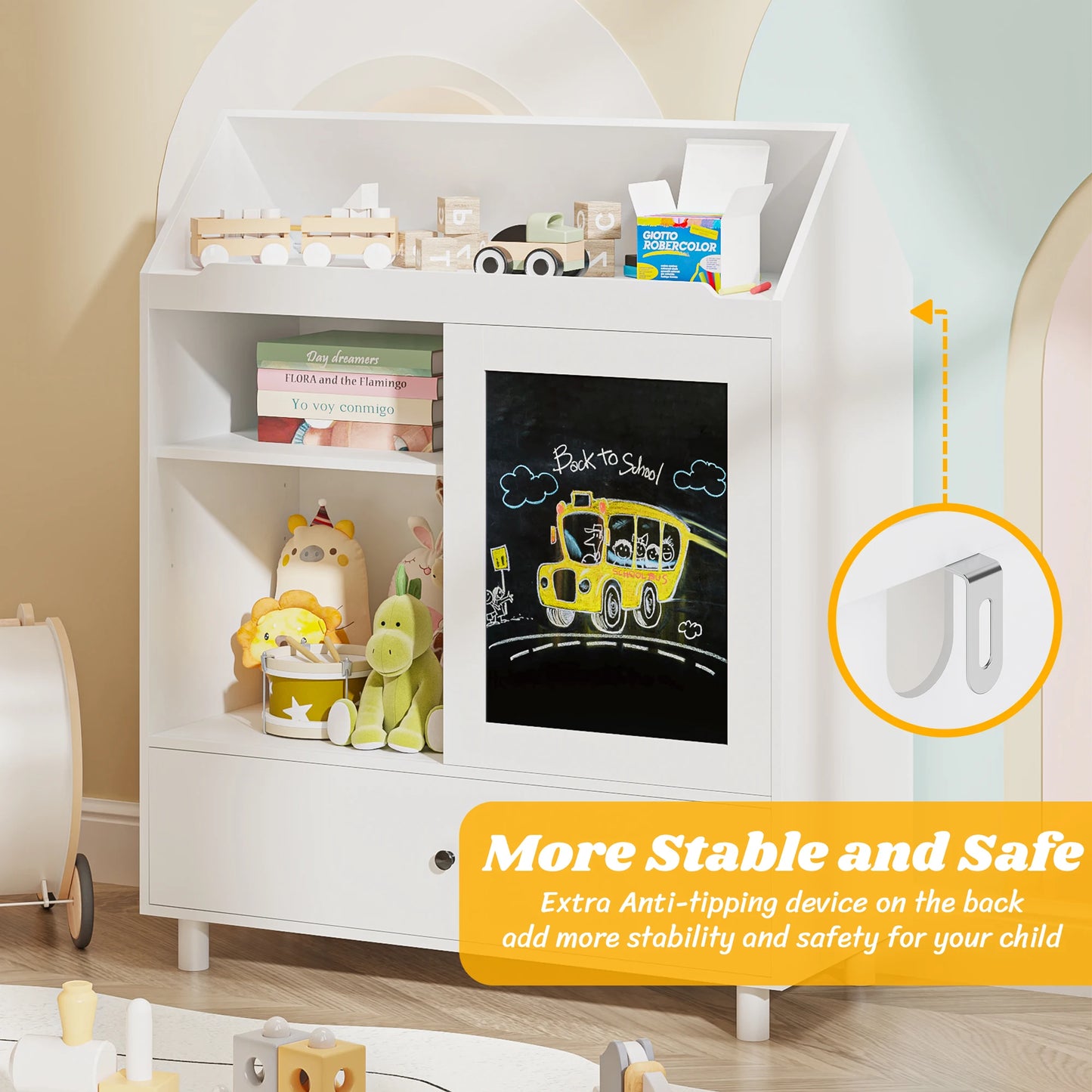 Bookshelf for Toy Storage Organizer with Blackboard House