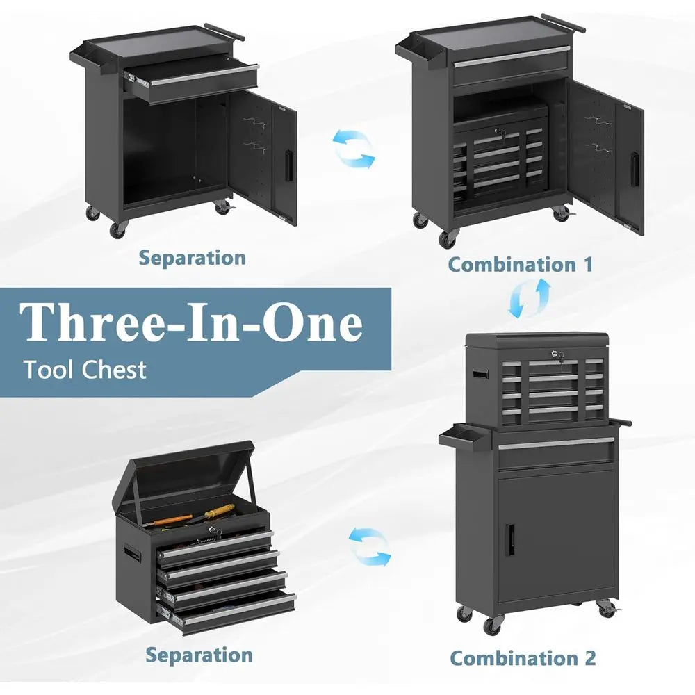 Rolling Tool Cabinet with Lockable Wheels, and Garage