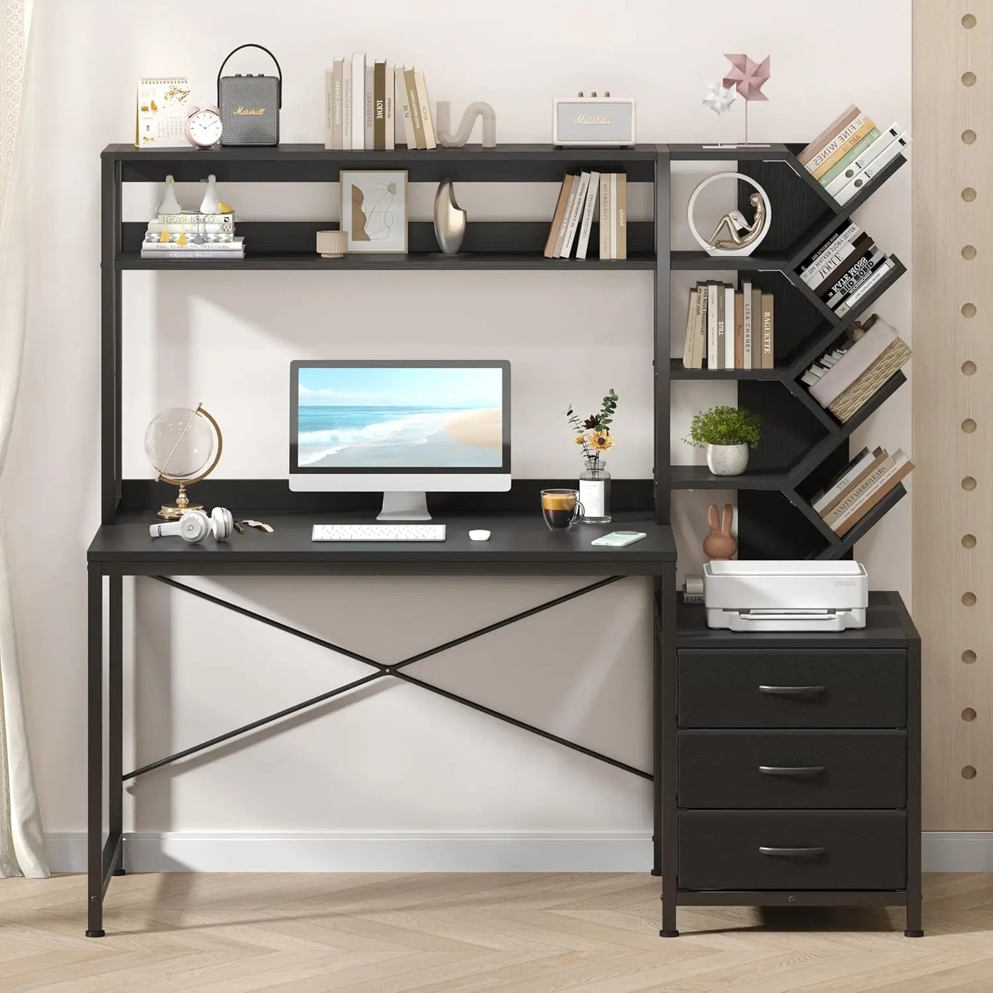 Reversible Computer Desk with Hutch Drawers Bookshelf Storage
