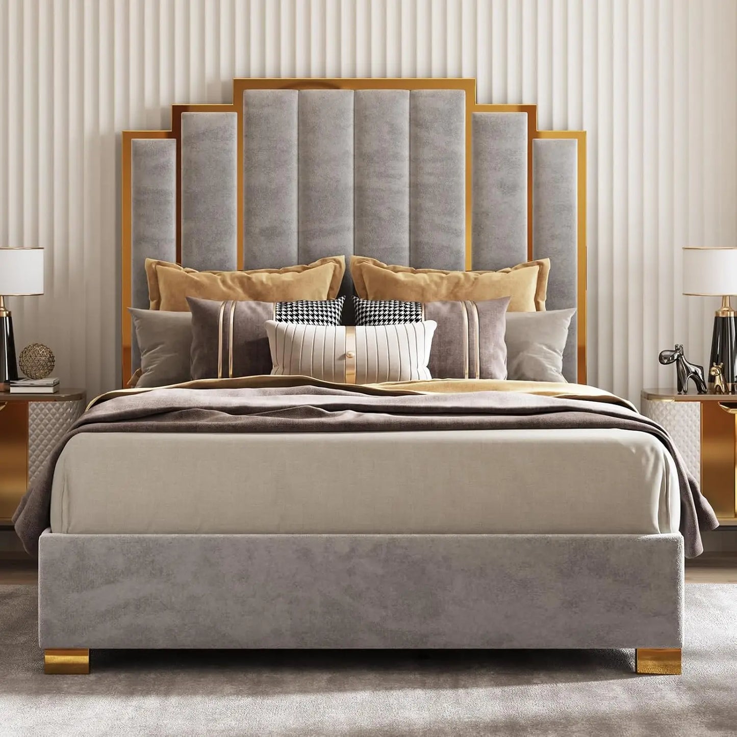 Upholstered Velvet Platform Bed with Gold Trim Headboard