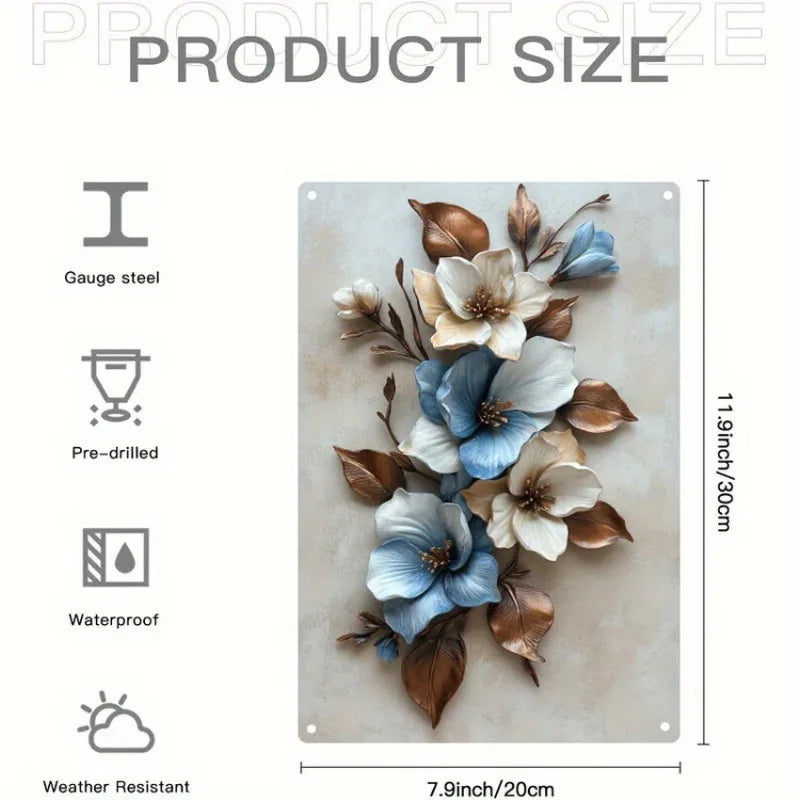 Metal Wall Elegant Art Blue and White Flower