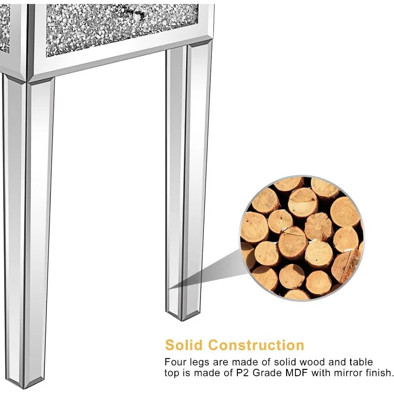 Mirrored Nightstand Set with Drawer Glass Accent Table