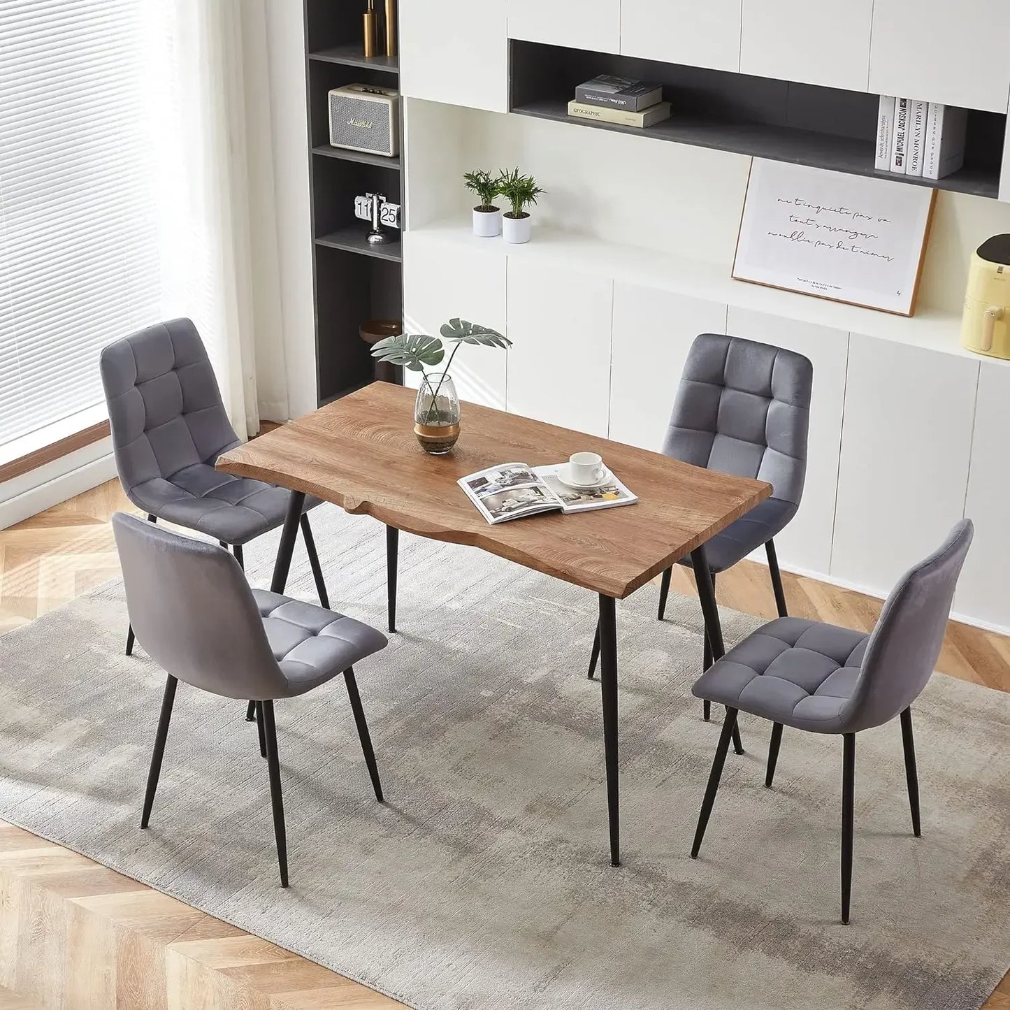 Modern Irregular Rectangle Dining Table Set with Velvet Upholstery Side Chairs