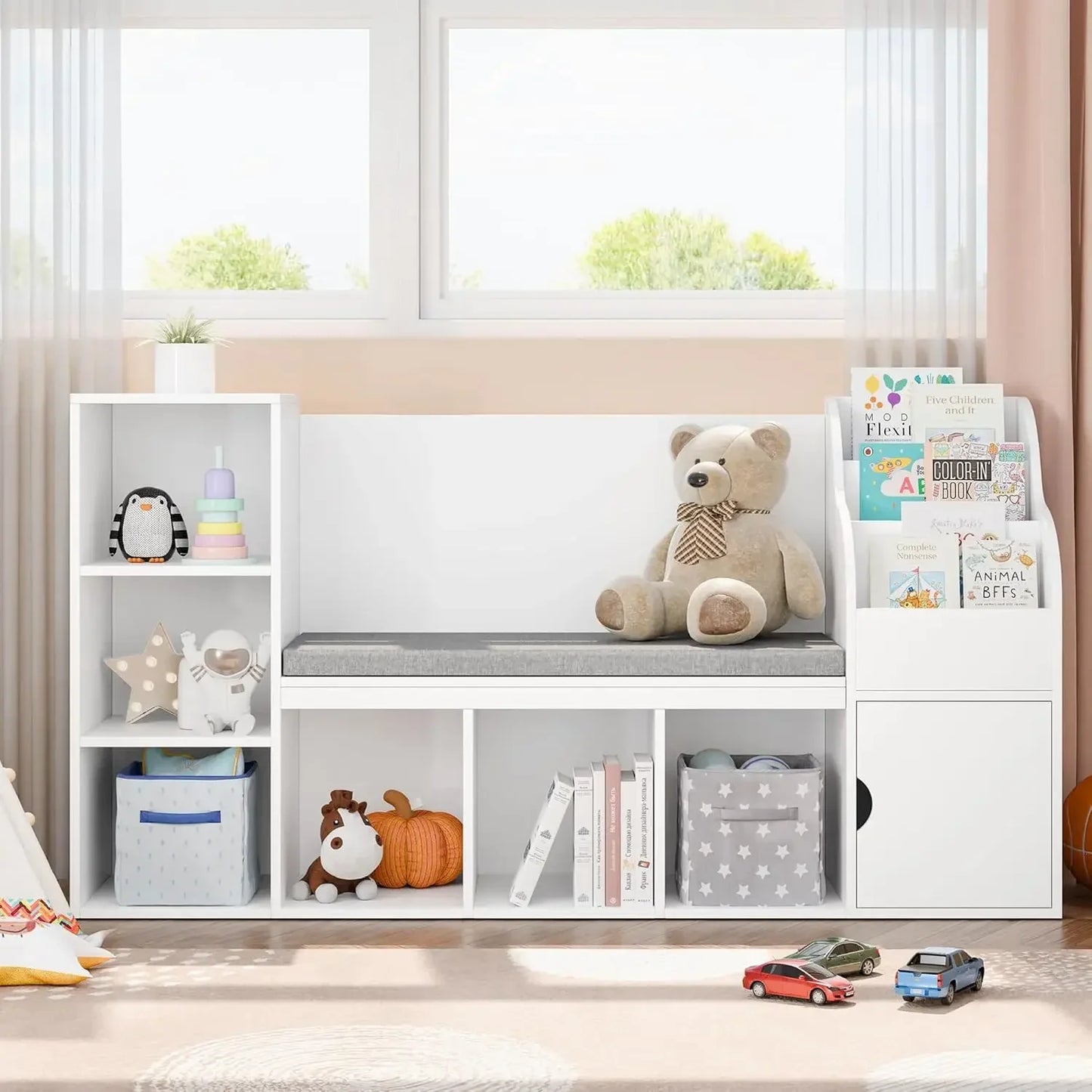 Kids Bookshelf with Reading Nook with Chalkboard and Bench
