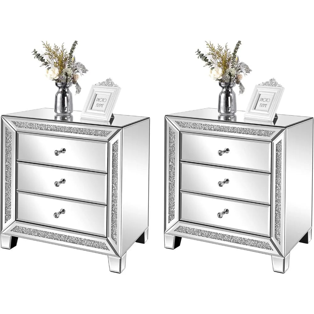 Mirrored Nightstands Set with 3 Drawer Glass Side