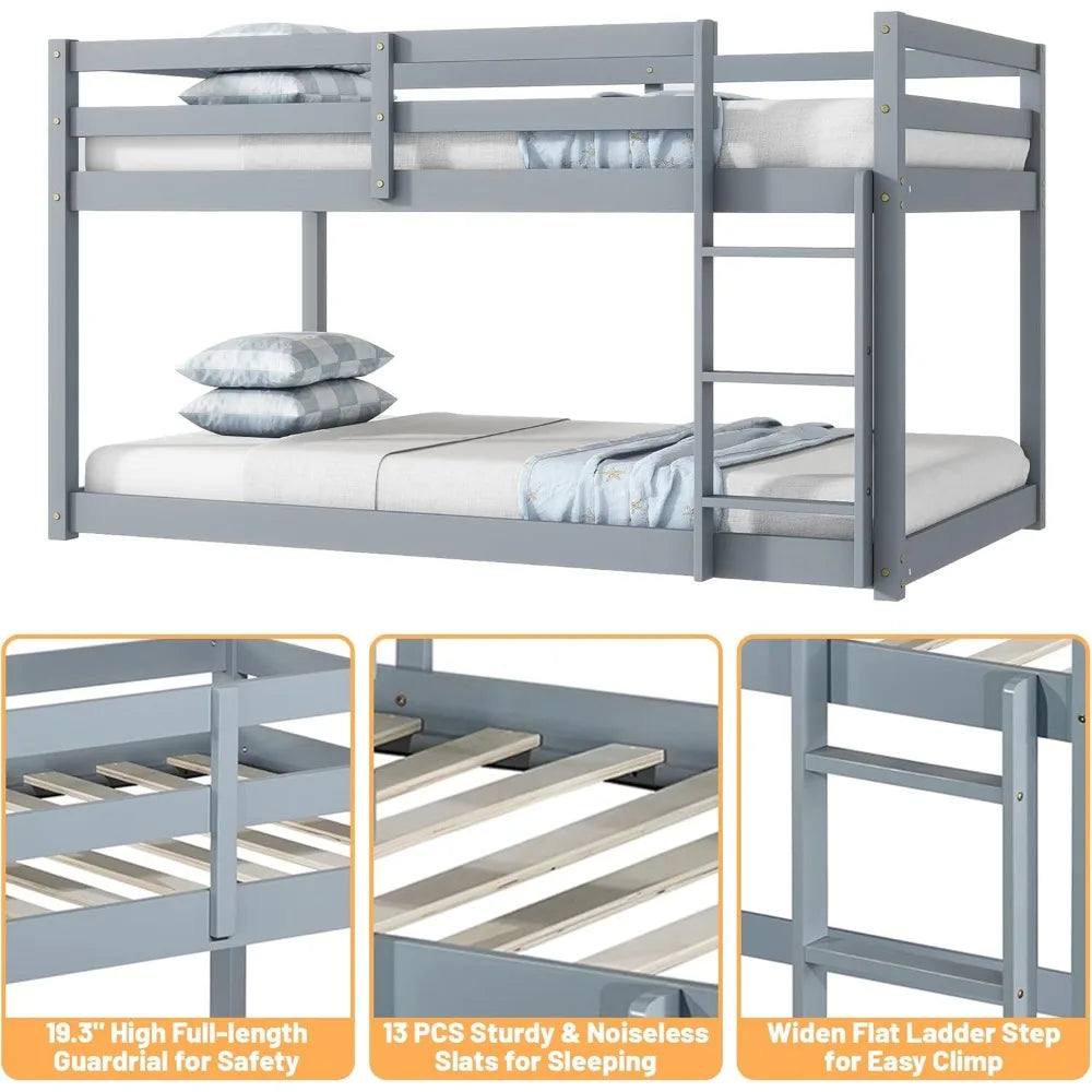Wood Low Profile Floor Twin Bunk Beds w/Ladder Guardrails