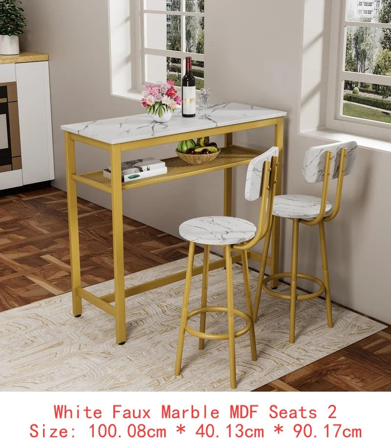Modern Counter Height Bar Table Set with Metal Frame and Storage Rack