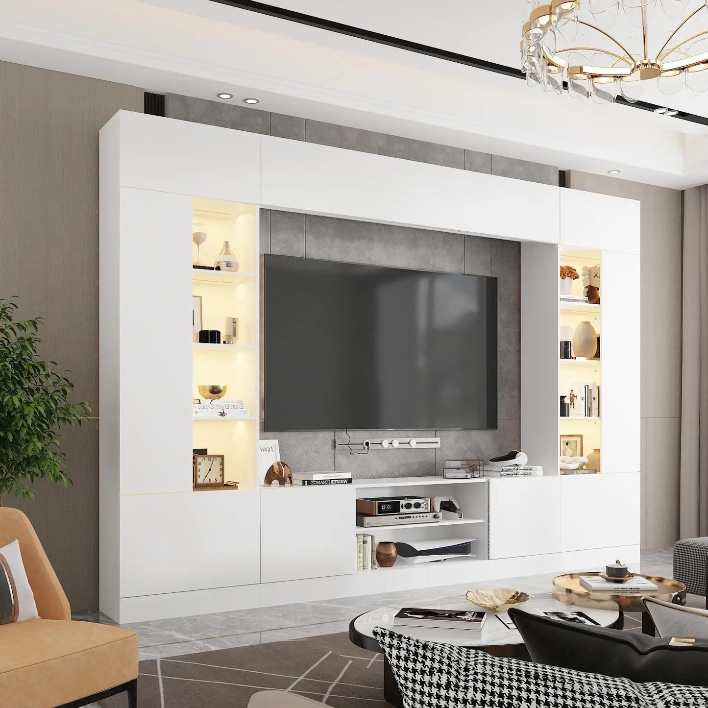 White 114" Large Wall Unit Entertainment Center with Bookshelves, Lights and 18 Shelves, Modern Console Table Home Theater