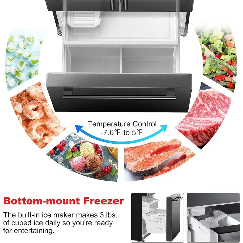 French Door Refrigerator with Installed Ice Maker and Bottom Freezer