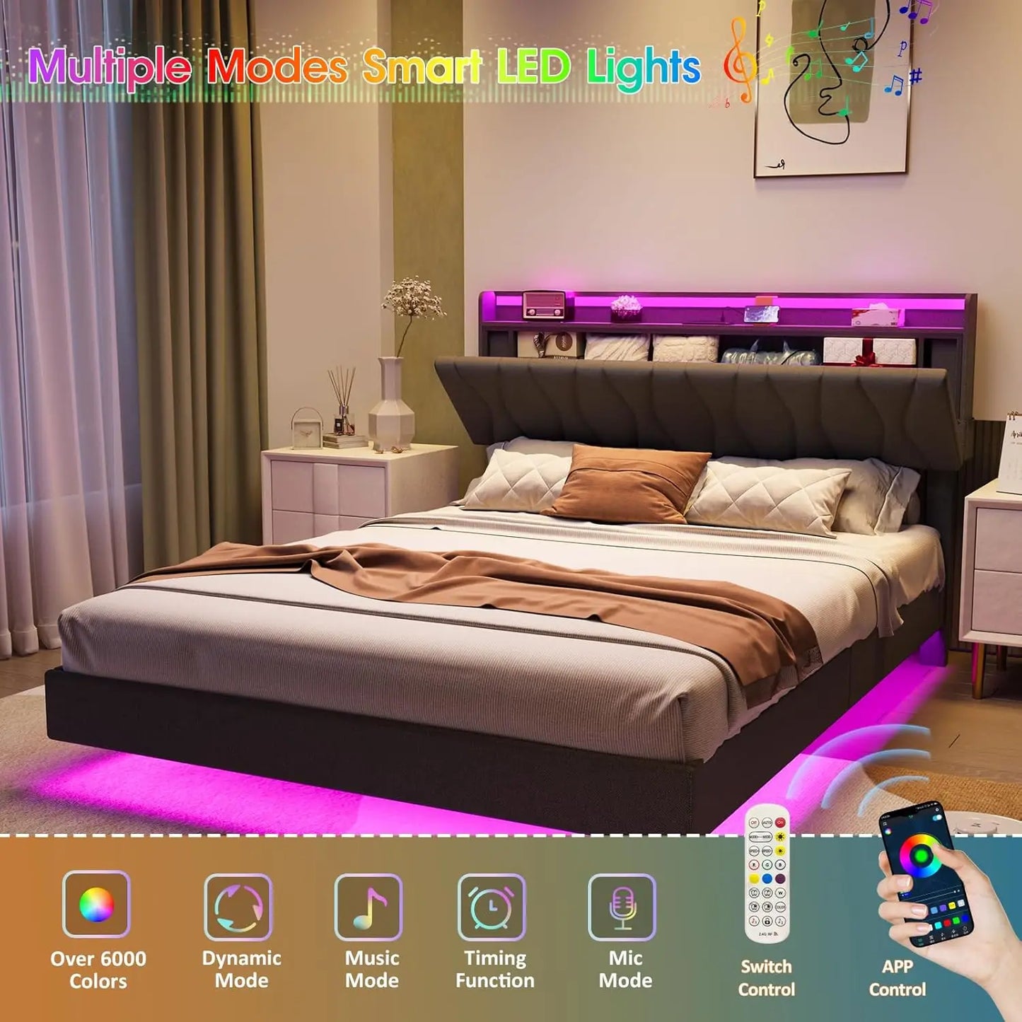 Floating Bed Frame with Storage Headboard & LED Light Frame & Charging Station