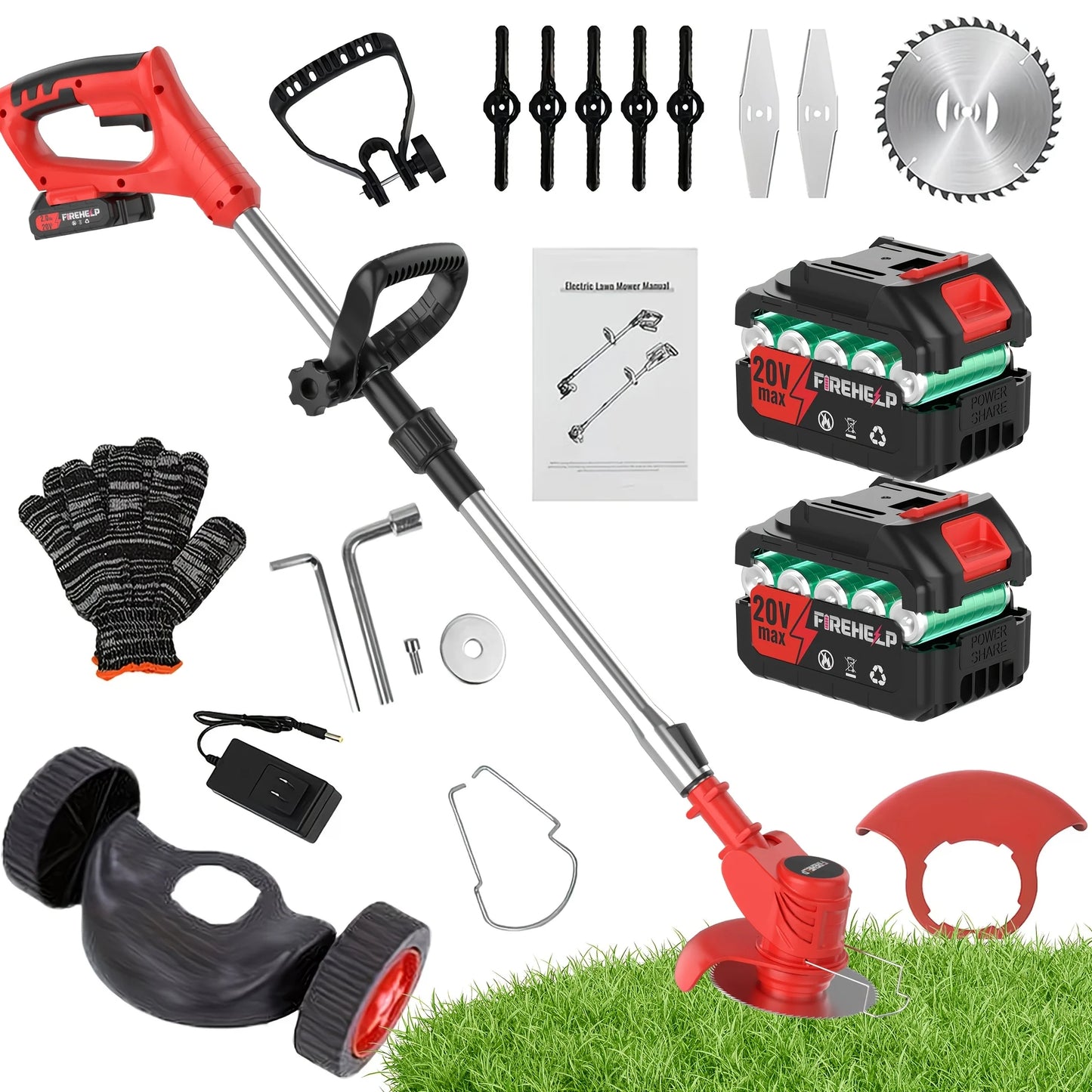 Portable household cordless electric lawn mower, garden weeder & cordless trimmer.