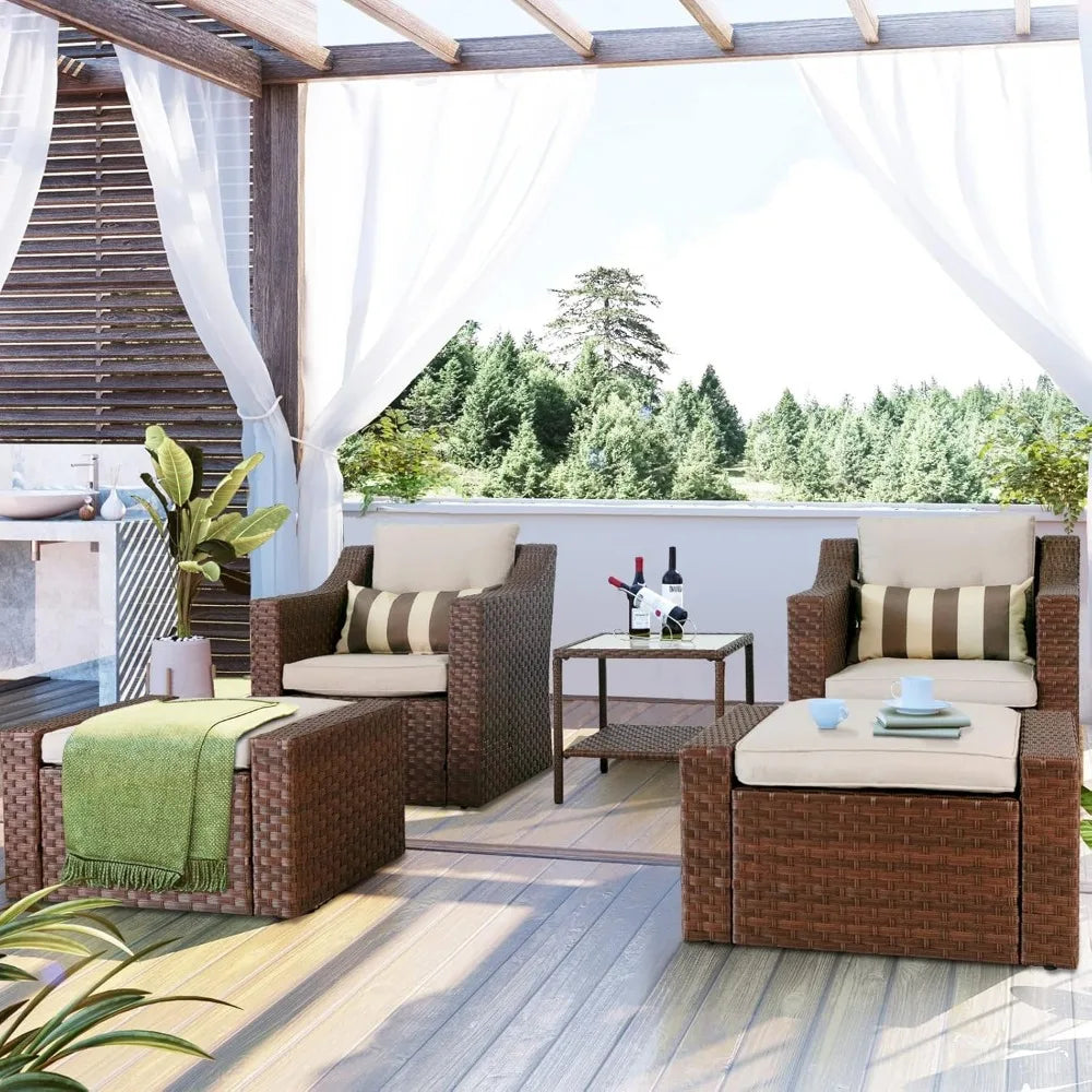 Patio Conversation Set with Ottoman Footrest, Table & Cushions