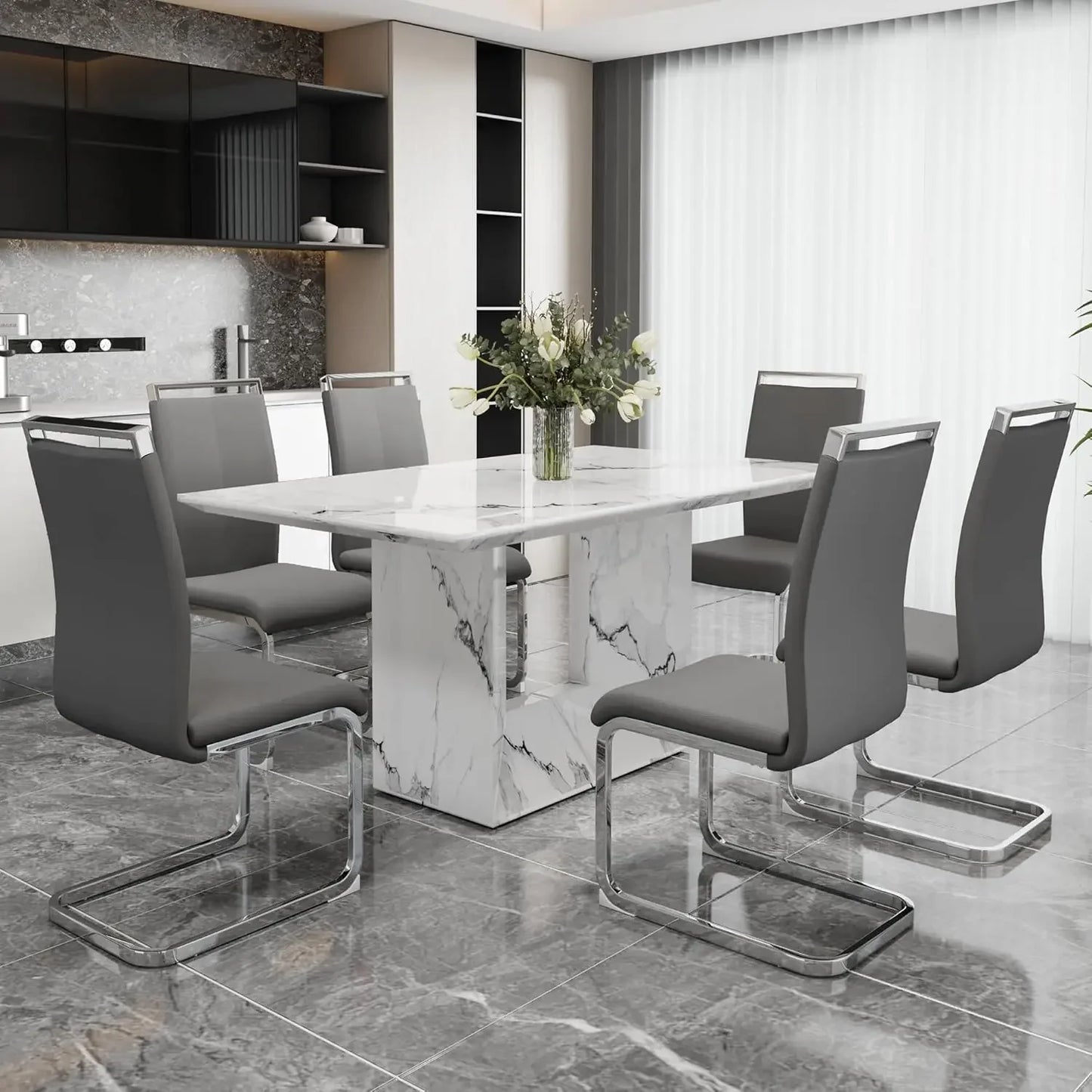 White Imitation Marble Table with Leather Chairs Set