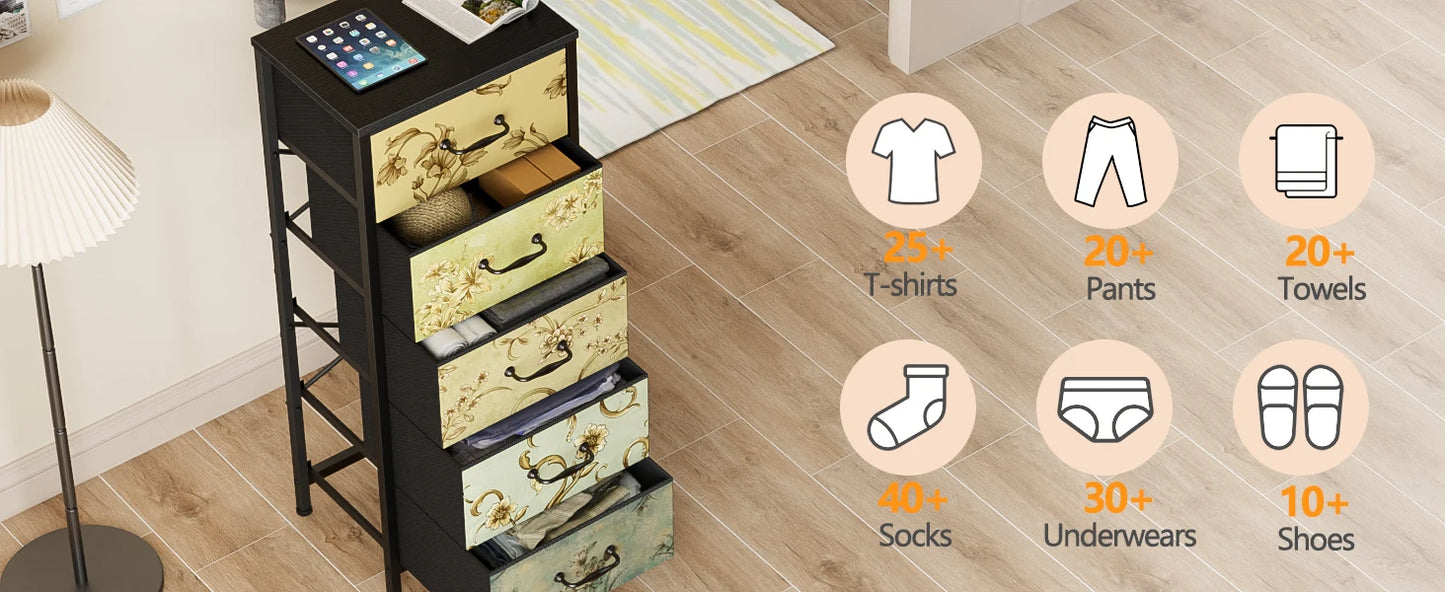 Tall Skinny Storage Tower with 5 Fabric Drawers for Bedroom