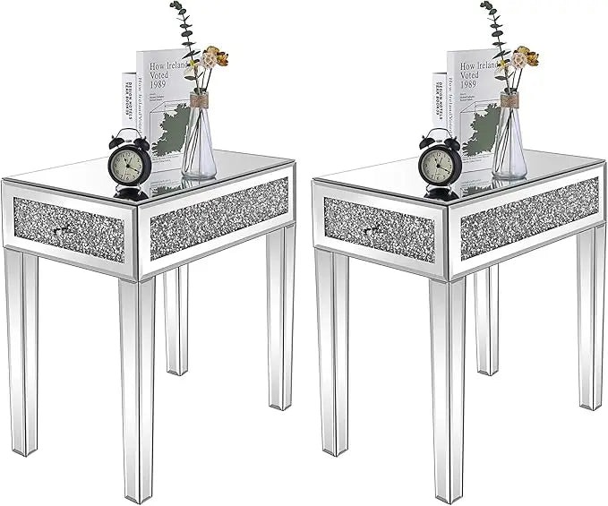 Mirrored Nightstand Set with Drawer Glass Accent Table