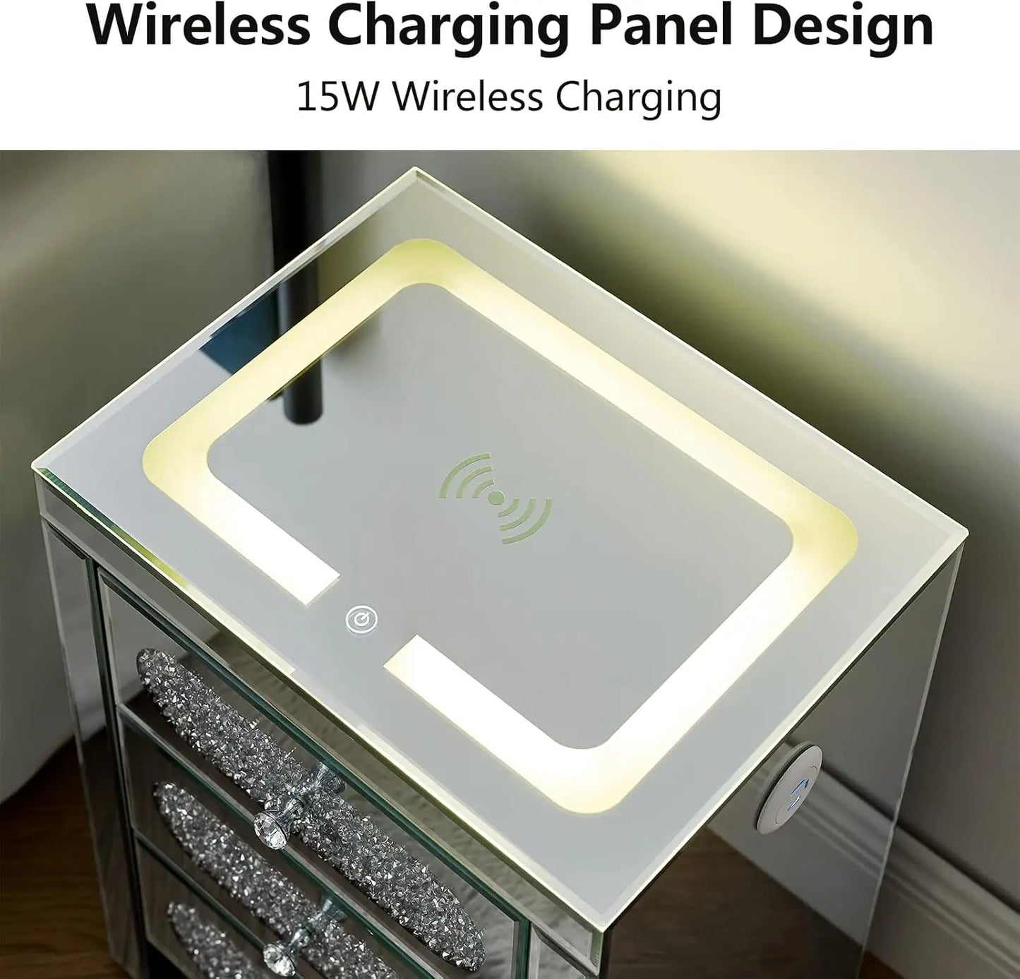 Mirrored Nightstands Set with Wireless Charging Station and LED Lights