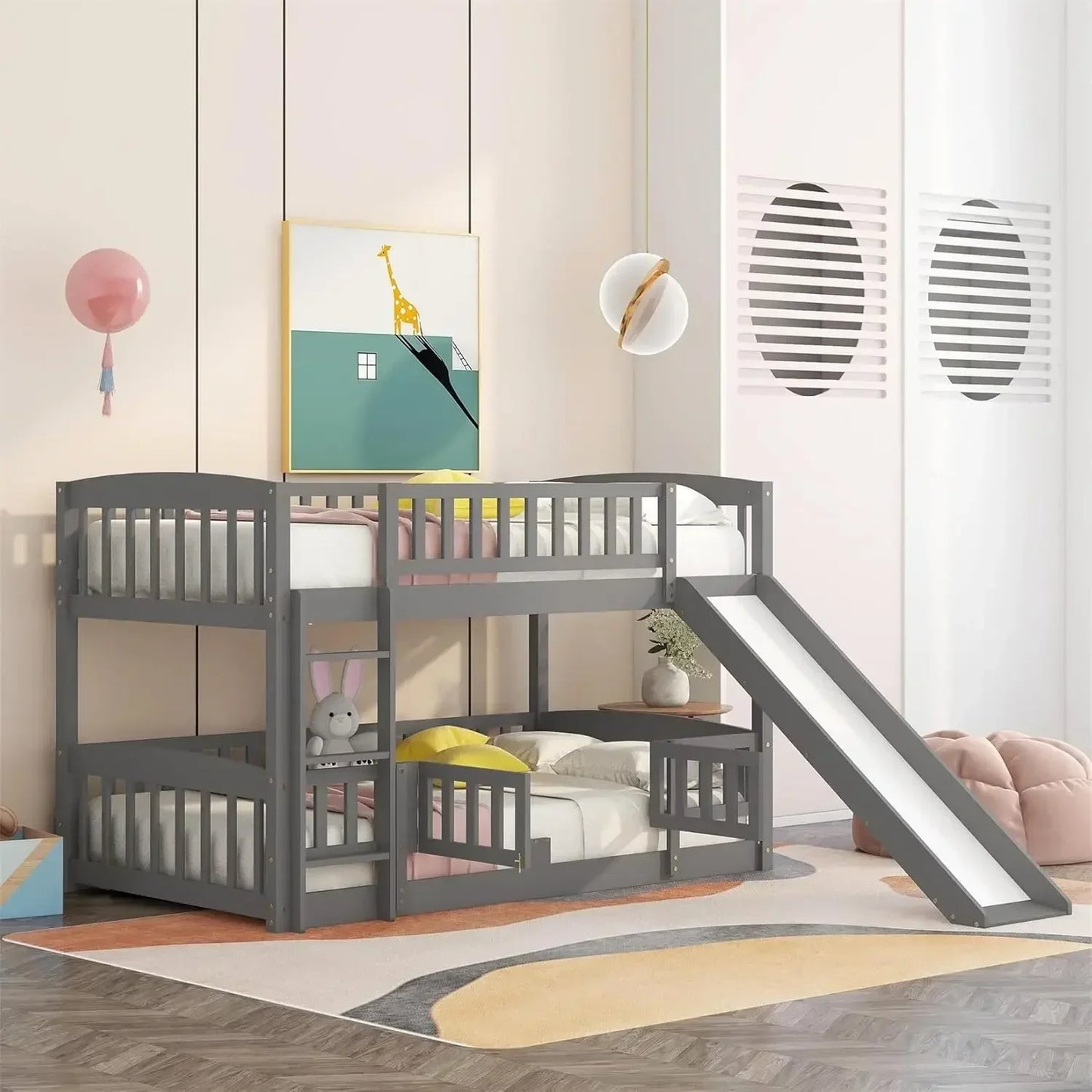 Low Bunk Bed with Slide Twin Over Twin Bunk Bed