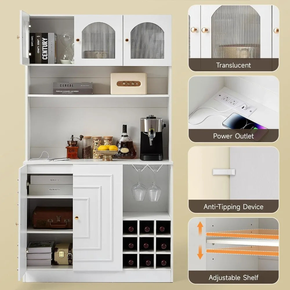 Kitchen Pantry Cabinet with Microwave Shelf & Wine Glass Rack Storage Buffet