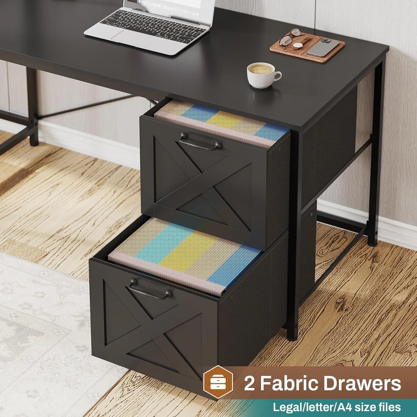 Reversible L Shaped Computer Desk with Fabric Drawers and Power Outlet