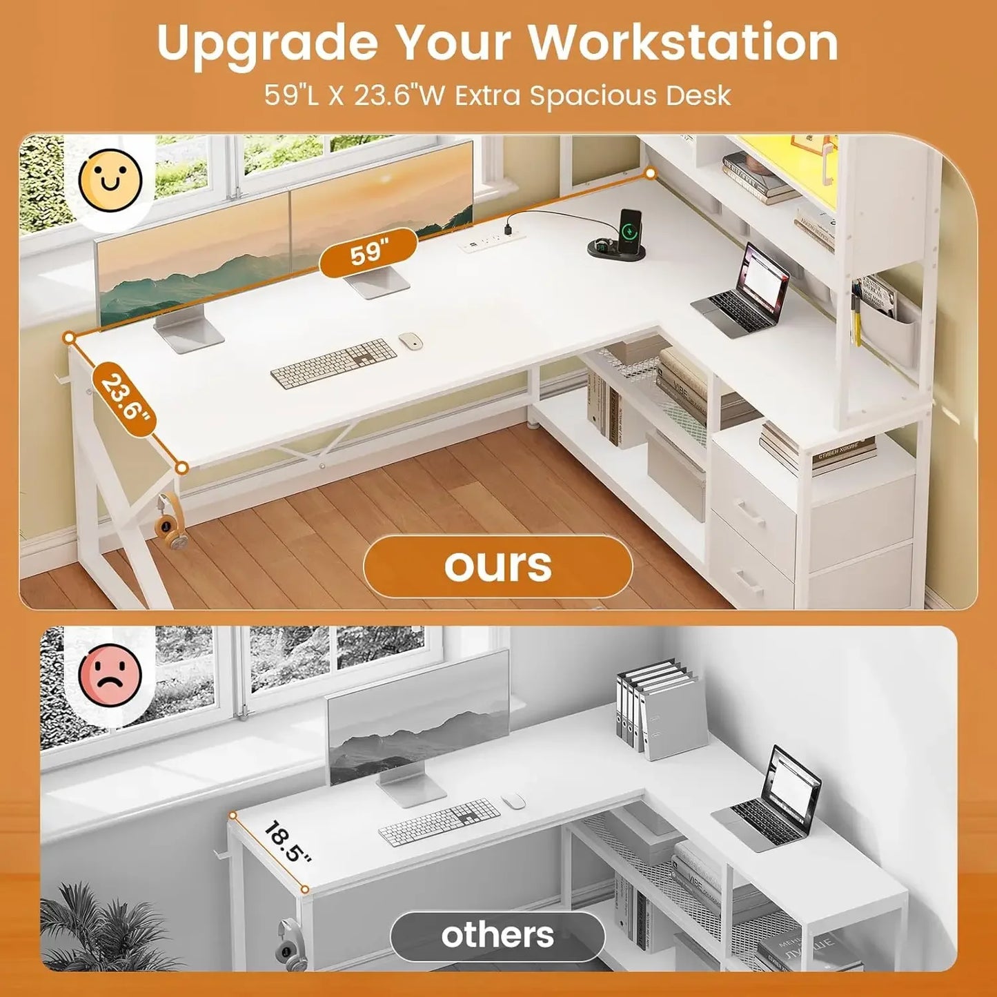 L Shaped Home Office Computer Desk with 2 Drawer and Bookshelf