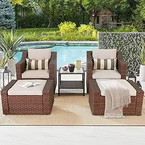 Patio Conversation Set with Ottoman Footrest, Table & Cushions